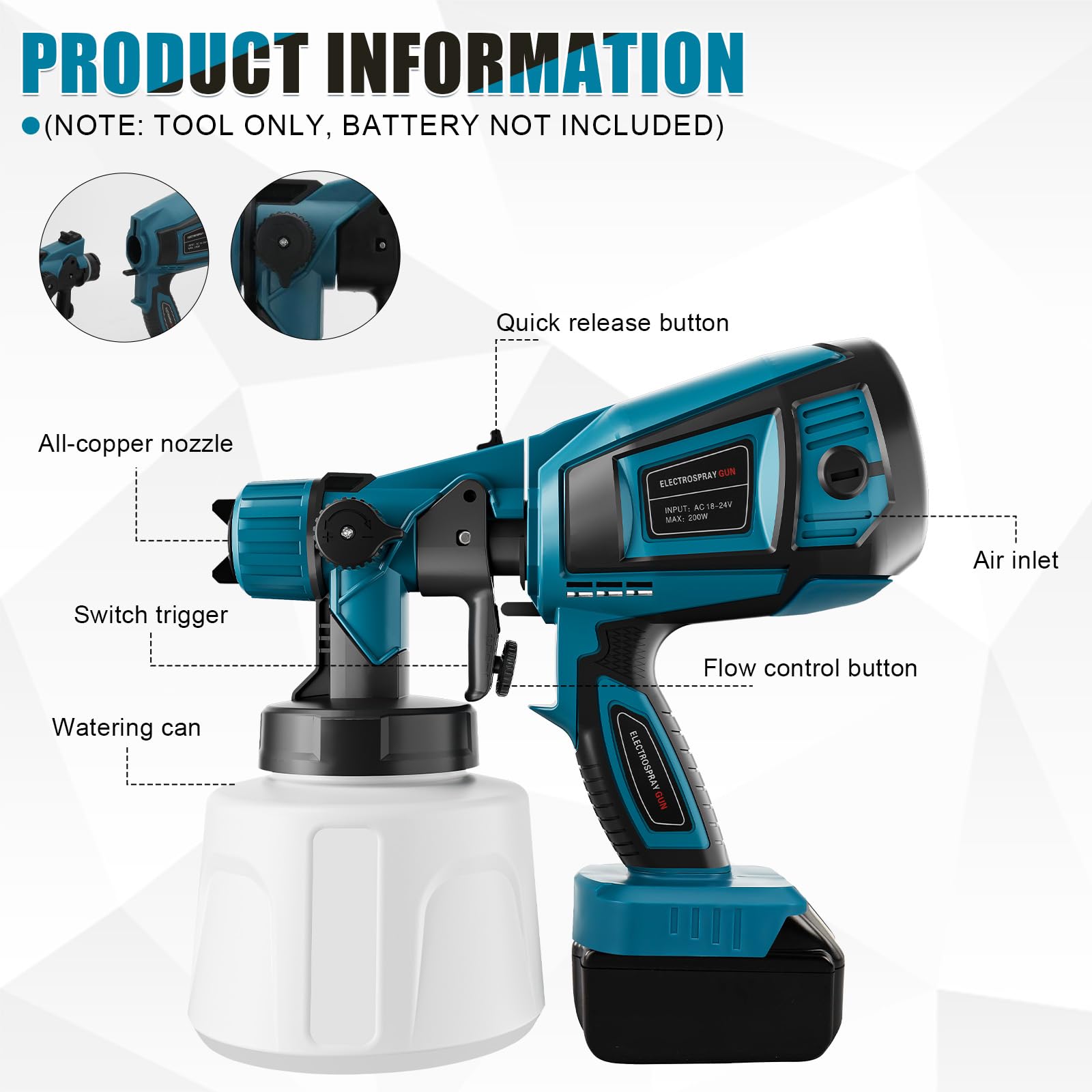 Pistolet à Peinture sans Fil Compatible avec Makita 18V Batterie, avec réservoir de 1000ml, 5 Buses, 3 modès, Brosse de Nettoyage, Gants et Lunettes de Protection (Outil Uniquement)