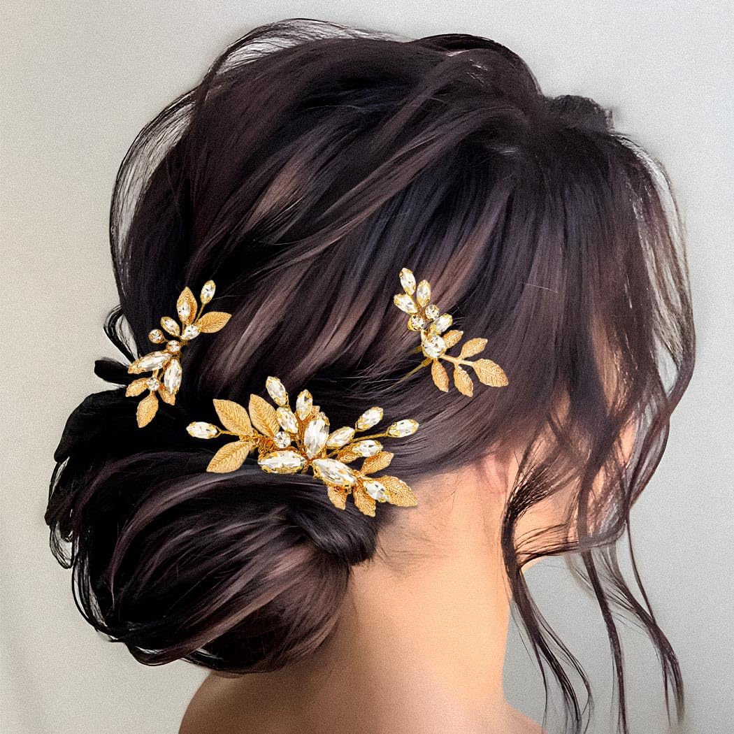 Horquillas para el pelo de novia con diamantes de imitación dorados, accesorios para el cabello de boda para mujeres y niñas (paquete de 3)