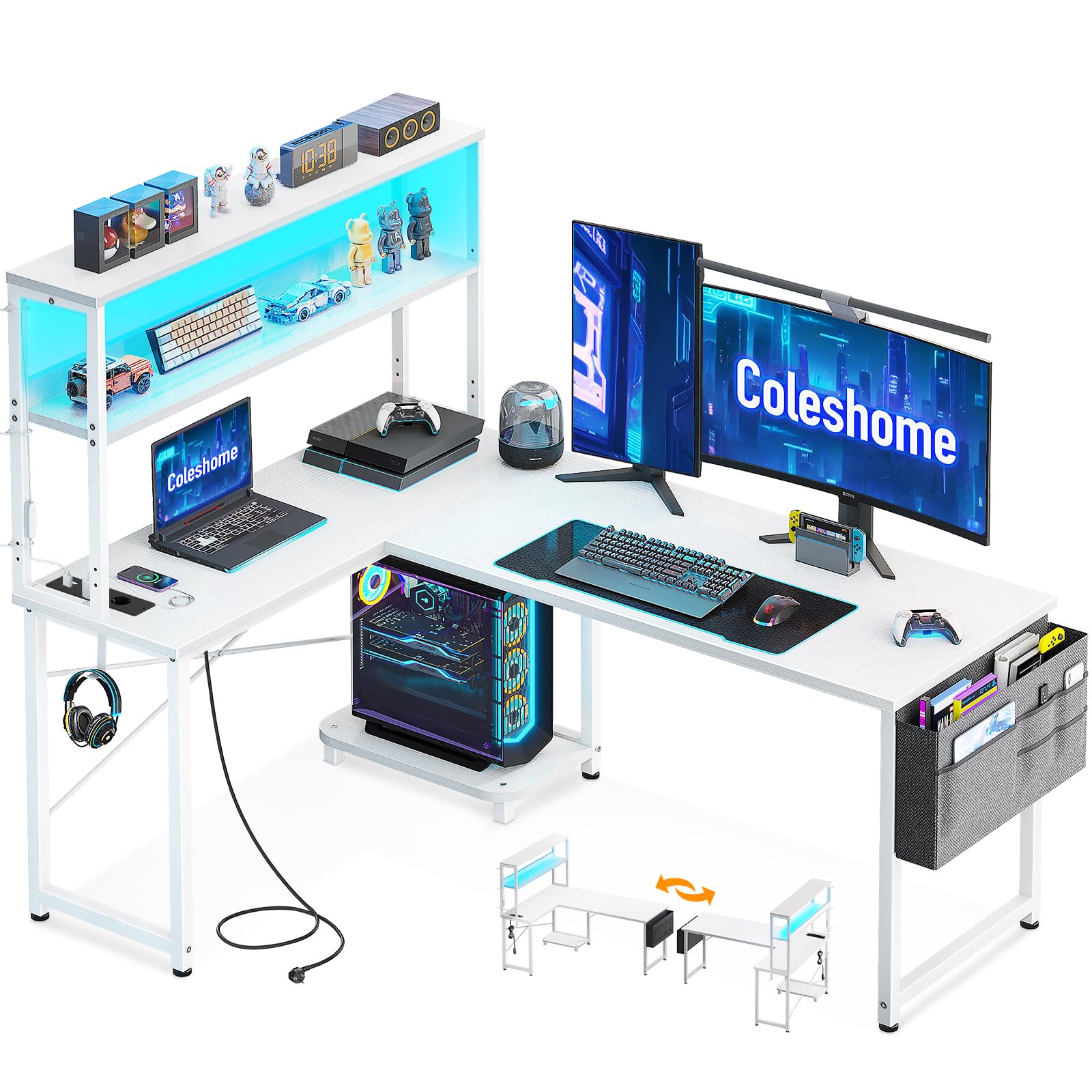 Coleshome Scrivania Gaming con LED e Prese, 135 × 100 cm Scrivania Gaming Angolare Reversibile con Scaffali Portaoggetti, Scrivania Angolare con Borsa Portaoggetti per Giocatori, Bianco