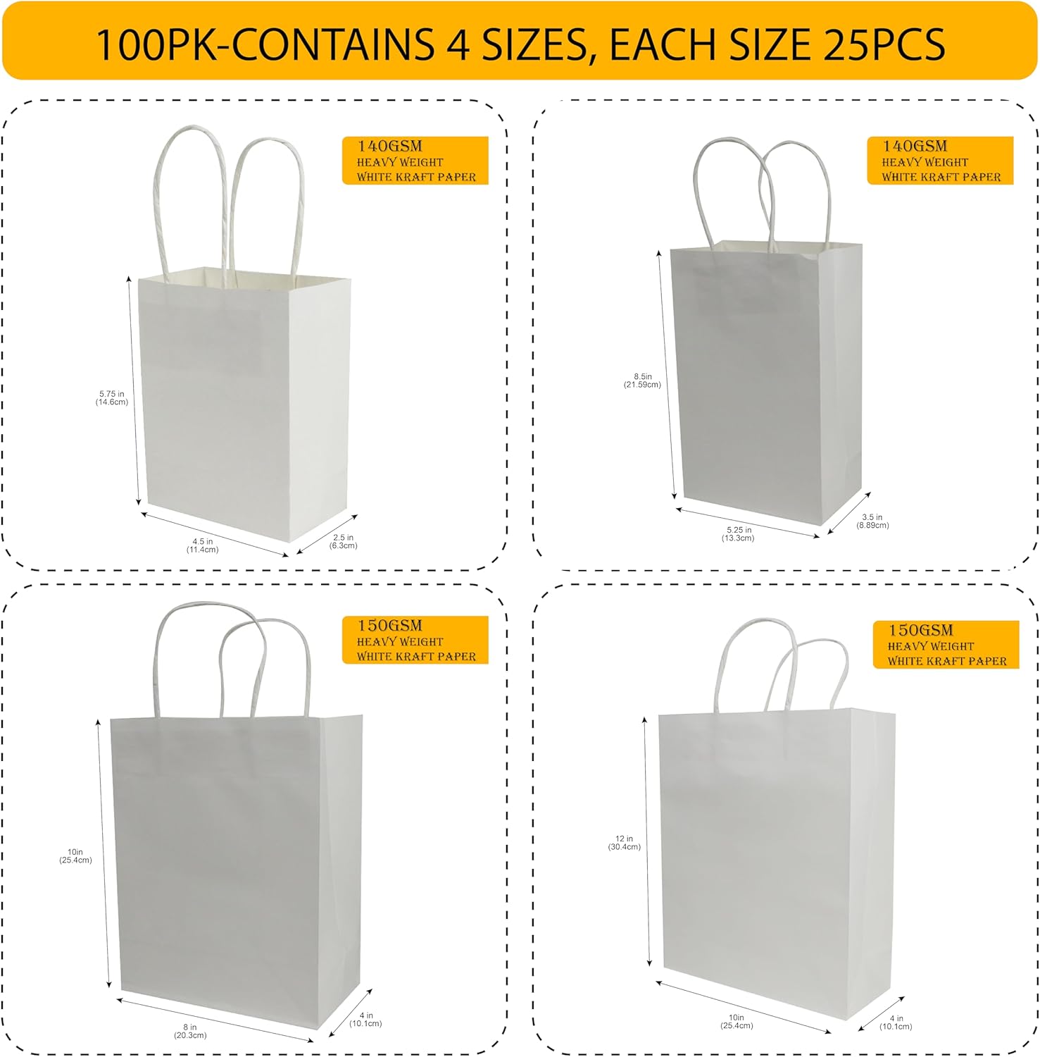 100 Pcs thick Kraft Paper Bags ,Mix sizes Shopping Bags with handles Bulk，Craft Gift Bags, Retail Bags, Recycled , Brown Paper Bags for Wedding，Packaging, Birthday Party，Business, Goody and Kraft Merchandise Bag (Mix Size 100pk(Mini,Small,Medium,Large), White)