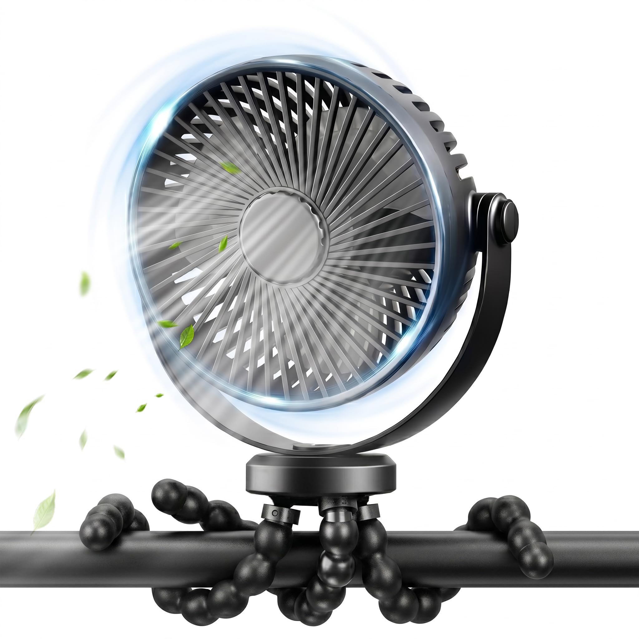 Mini ventilatore portatile USB 2000 mAh 3 velocità rotazione 360° supporto regolabile per passeggini ufficio camera da letto Nero