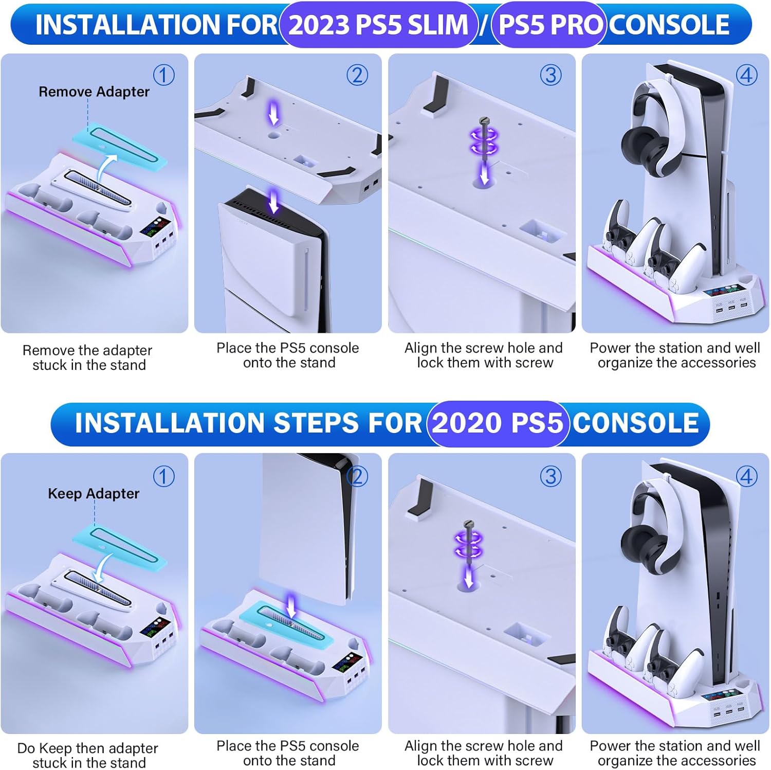 PS5/PS5 Slim Cooling Station with Controller Charging Station for Playstation 5 Console Disc/Digital, PS 5 Cooling Stand Accessories with LED Light/Charger/Cooler Fan/3 USB Hubs/Headset Holder/Screw - Image 8