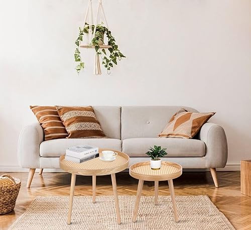 Miniatura 17 de Juego de 2 mesas de centro redondas modernas, de mediados de siglo, mesa de centro pequeña de granja, mesita de noche de madera, mesa auxiliar