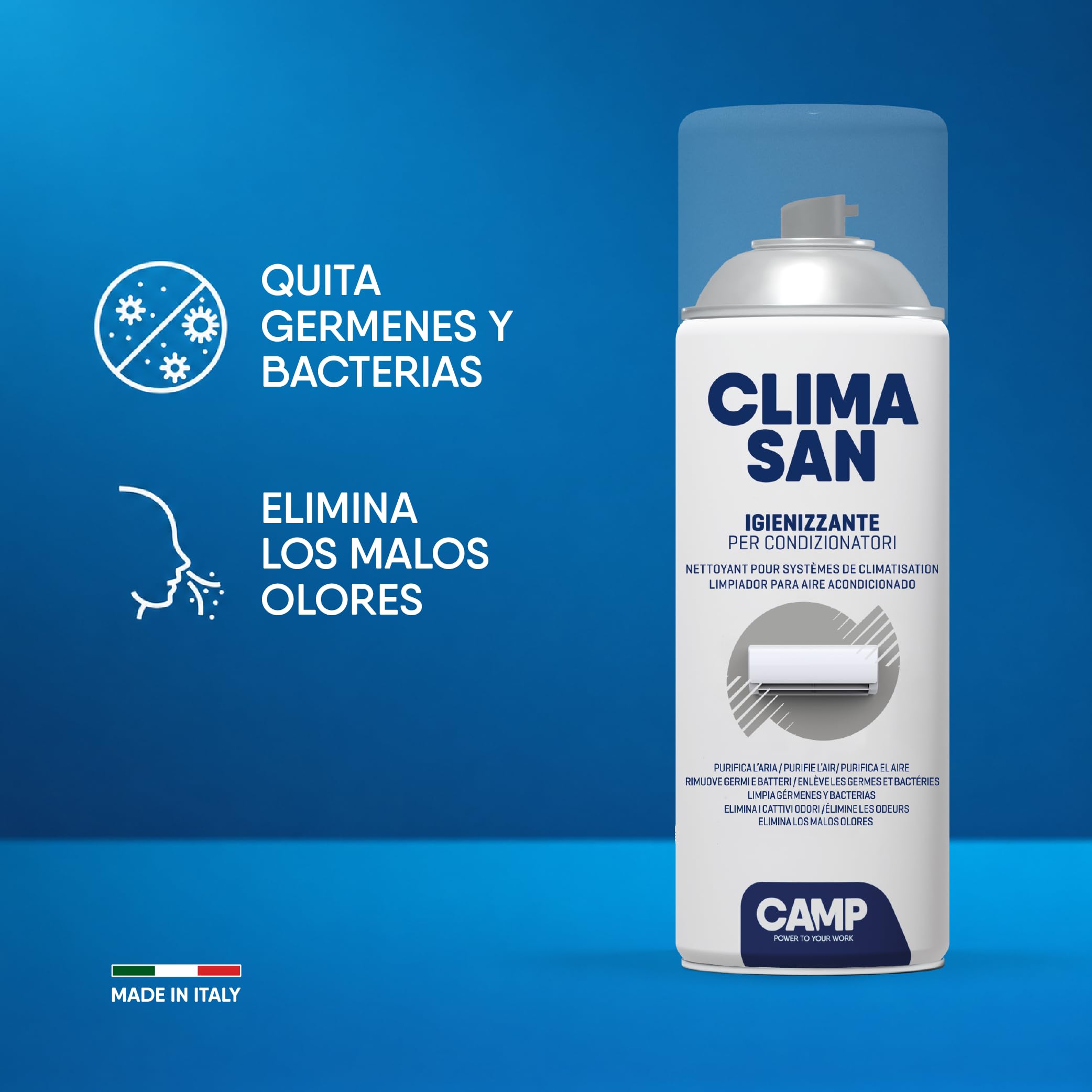 CAMP Climasan Limpiador – Limpiador Aire Acondicionado Casa, Spray para Climatizador Ideal para Remover Gérmenes y Bacterias, Limpieza Aire Acondicionado a Acción Purificadora, Made in Italy, 400 ml