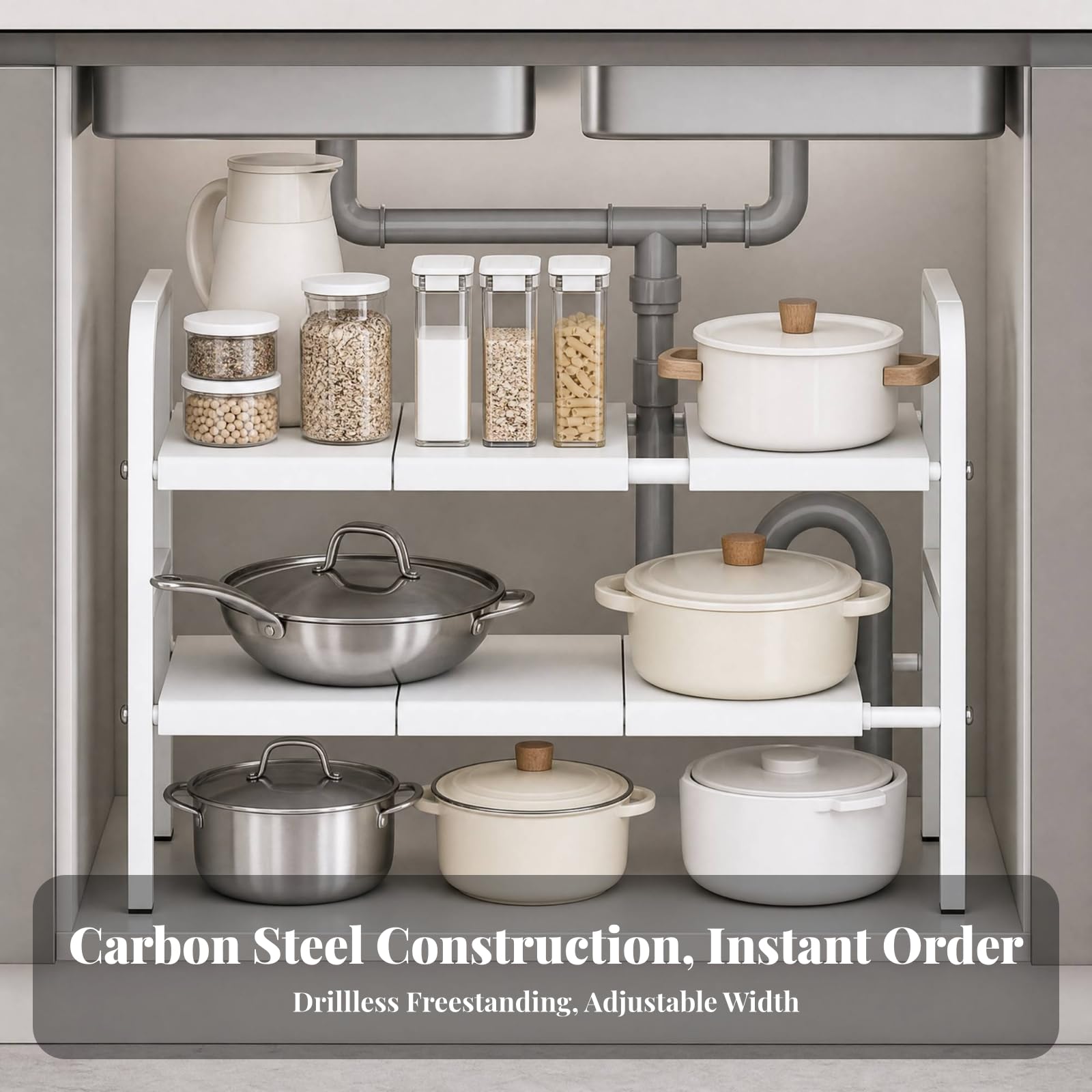 Organizer Estensibile a 2 Livelli in Acciaio Al Carbonio Organizer sotto Lavello Robusto Scaffale sotto Lavello per Stanza Dei Servizi, Grigio