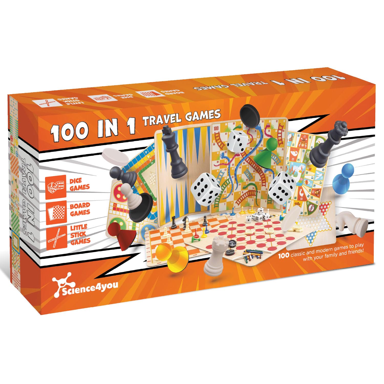 Science4you 100 in 1 Travel Games - Travel size 100 Family Board Games for Kids & Adults, Compendium of Classic & Modern Pocket Games Including Chess, Checkers, Snakes & Ladders, Ludo and Much More
