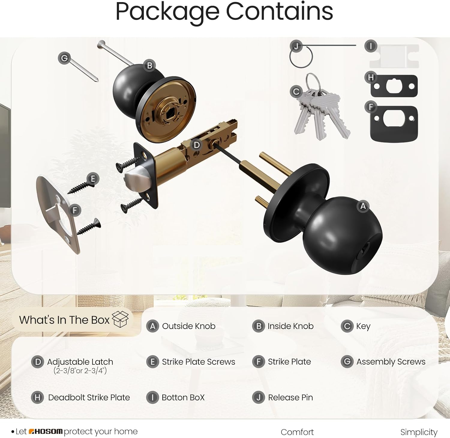 HOSOM Door Knob with Lock and Key, Keyed Entry Door Knob, Exterior and Interior Door Lock for Front Door Commercial and Residential Area, Entry Door Handle for Bedroom and Bathroom, Matte Black