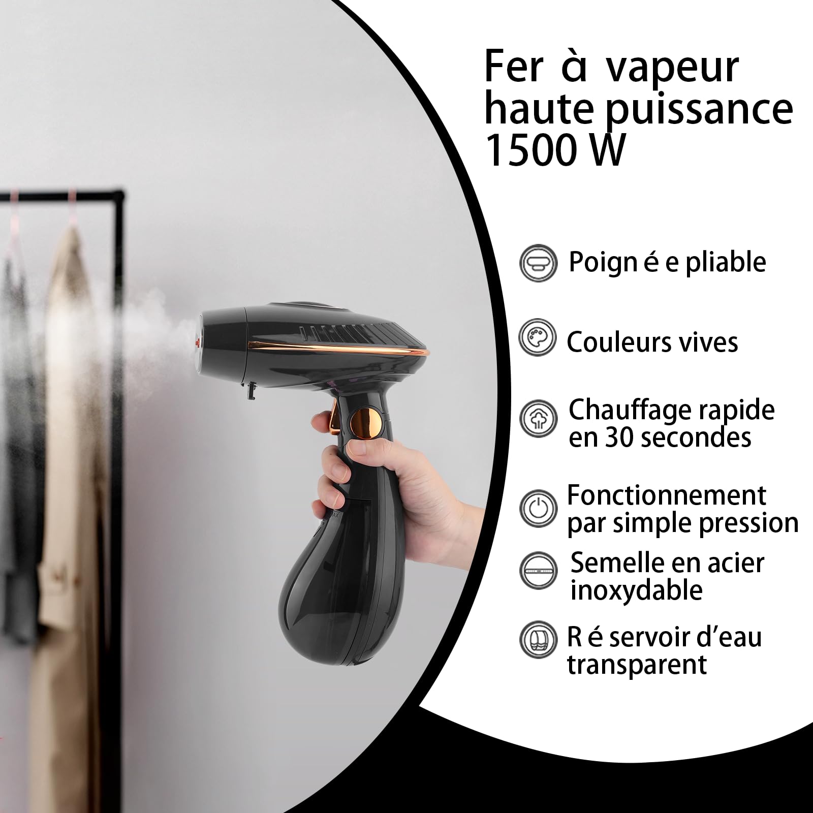 Defroisseur a main, Defroisseur Vetement 1500W, défroisseur vertical, capacité 168ml, steamer portable, repassage vertical, chauffe rapide 30s, vapeur 25g/min, pliable, maison & voyage (Noir)