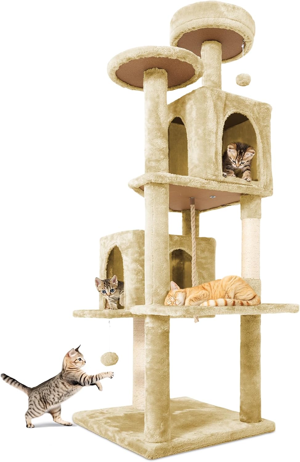 58.5inch Large Cat Tree Tower Condo for Indoor Cats, Soft Plush Multi-Level Climbing Tree Cat House with 1 360 Rotating Cat Cave, Scratching Post, More Entrance/Exit, Sisal Rope, Light Yellow