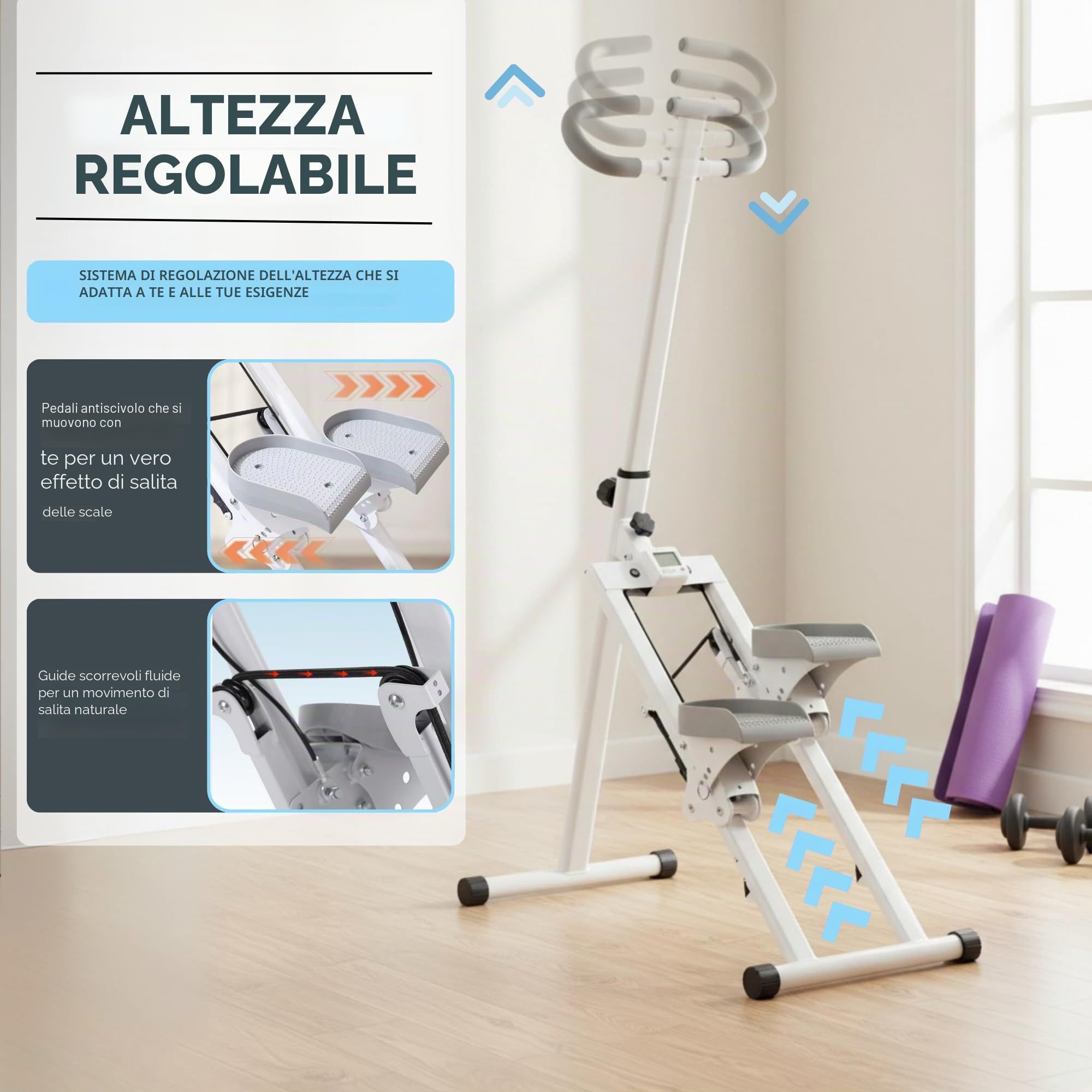 Stepper Fitness. Scale Pieghevoli per Salire, Gradini per Allenamento con Manubri e Pedali. Display LCD e Resistenza Regolabile per Esercizi Cardio a Casa.