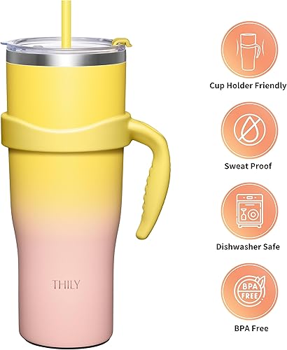 Miniatura 7 de THILY Vaso aislado de 40 onzas con asa, taza de viaje para café de acero inoxidable con tapa y pajitas, mantiene las bebidas frías durante 34 horas