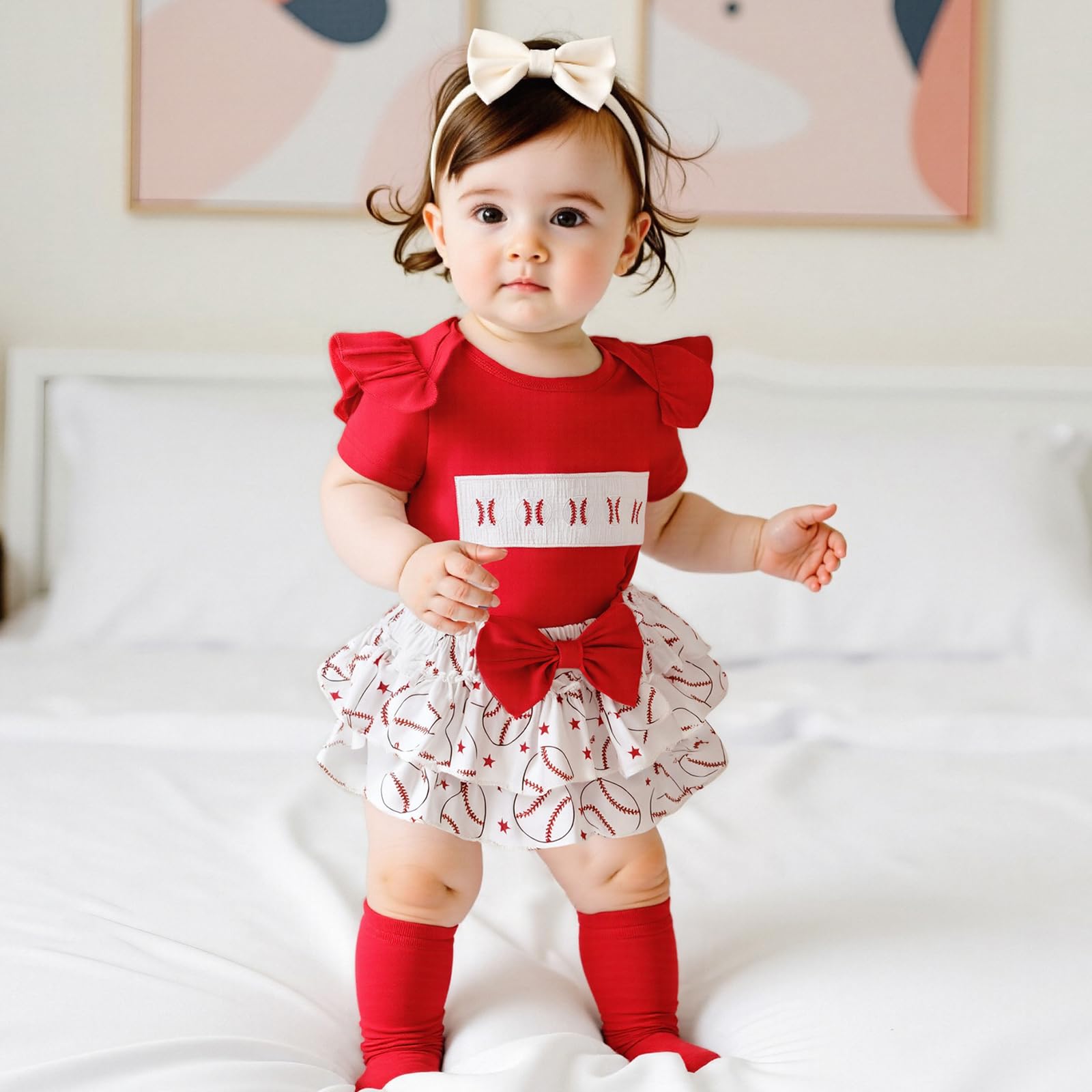 Ysfanwuxi Newborn Baby Girl Baseball Outfit Short Sleeve Romper Baseball Ruffle Skirt Shorts Set Socks Hairband Summer Clothes (Red, 9-12 Months)