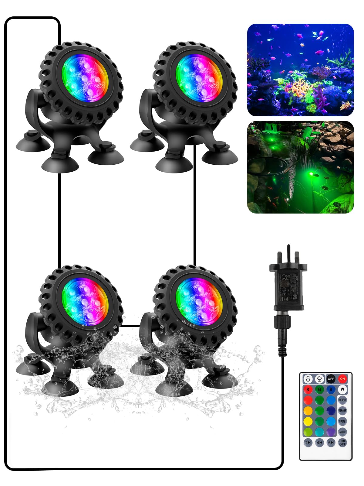 T-SUN Colored Pond Lights with Timer,LED Underwater Pond Light Submersible Fountain Lights for Fish Tank Landscape Spotlight-Remote Control, IP68 Waterproof, Aquarium, Yard (4 Heads)