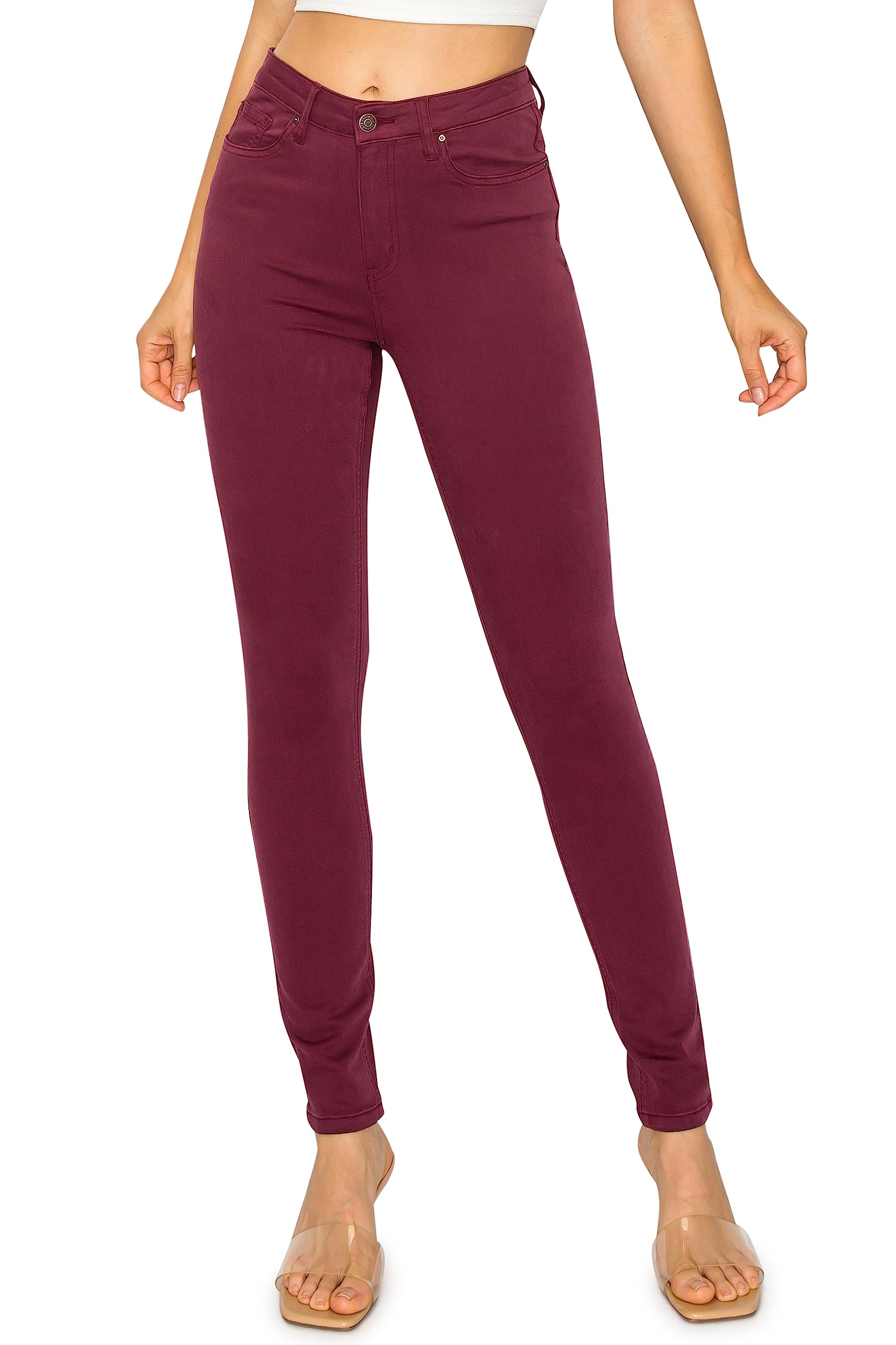 KHAKI & BLUE Women’s The Everyday Garment-Dyed Skinny Jeans – Soft Stretchy High Rise Comfy Casual Pants, Burgundy, 2
