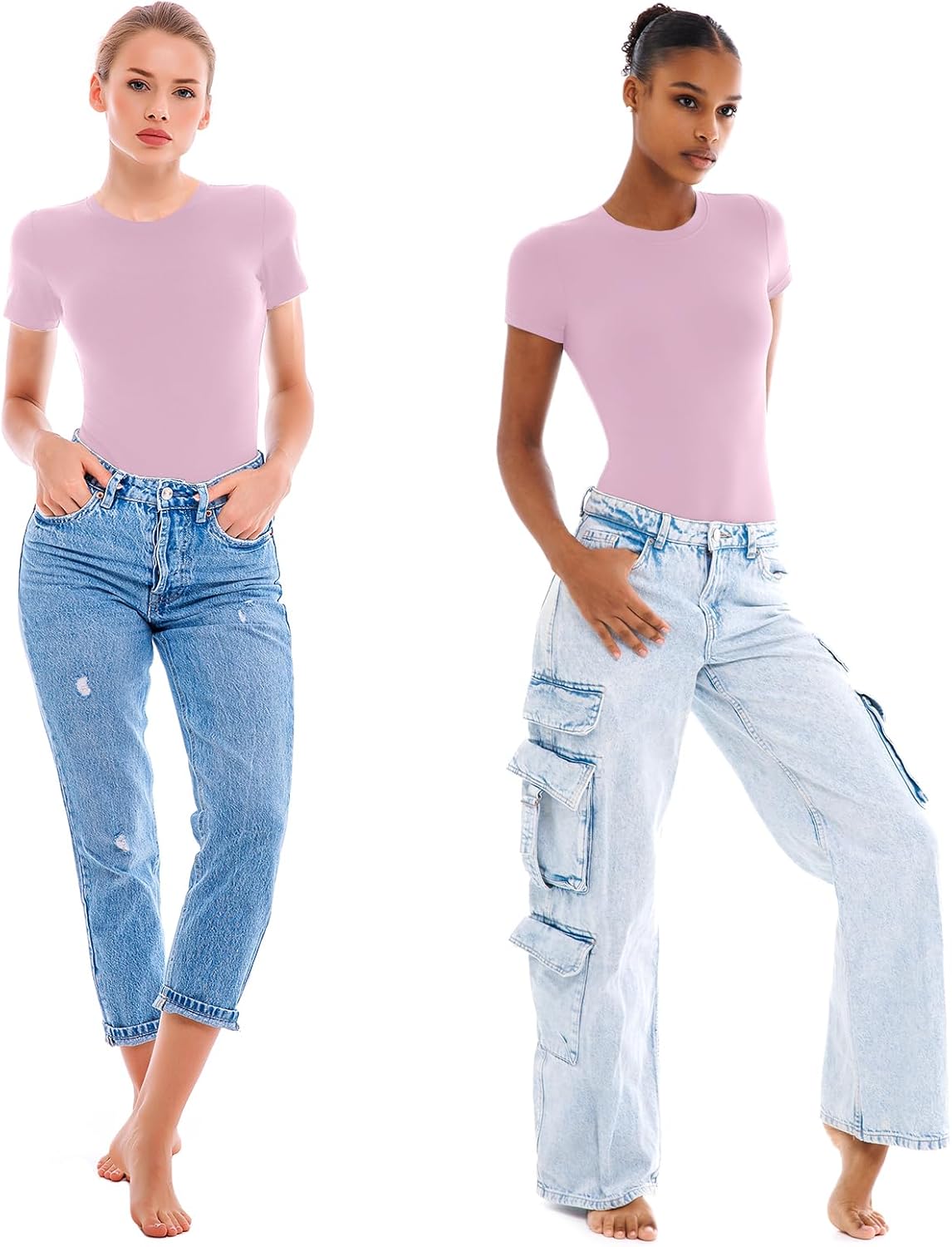 Walifrey Short Sleeve Bodysuits for Women Round Neck Basic Stretchy T Shirts Bodysuits Tops - Image 5