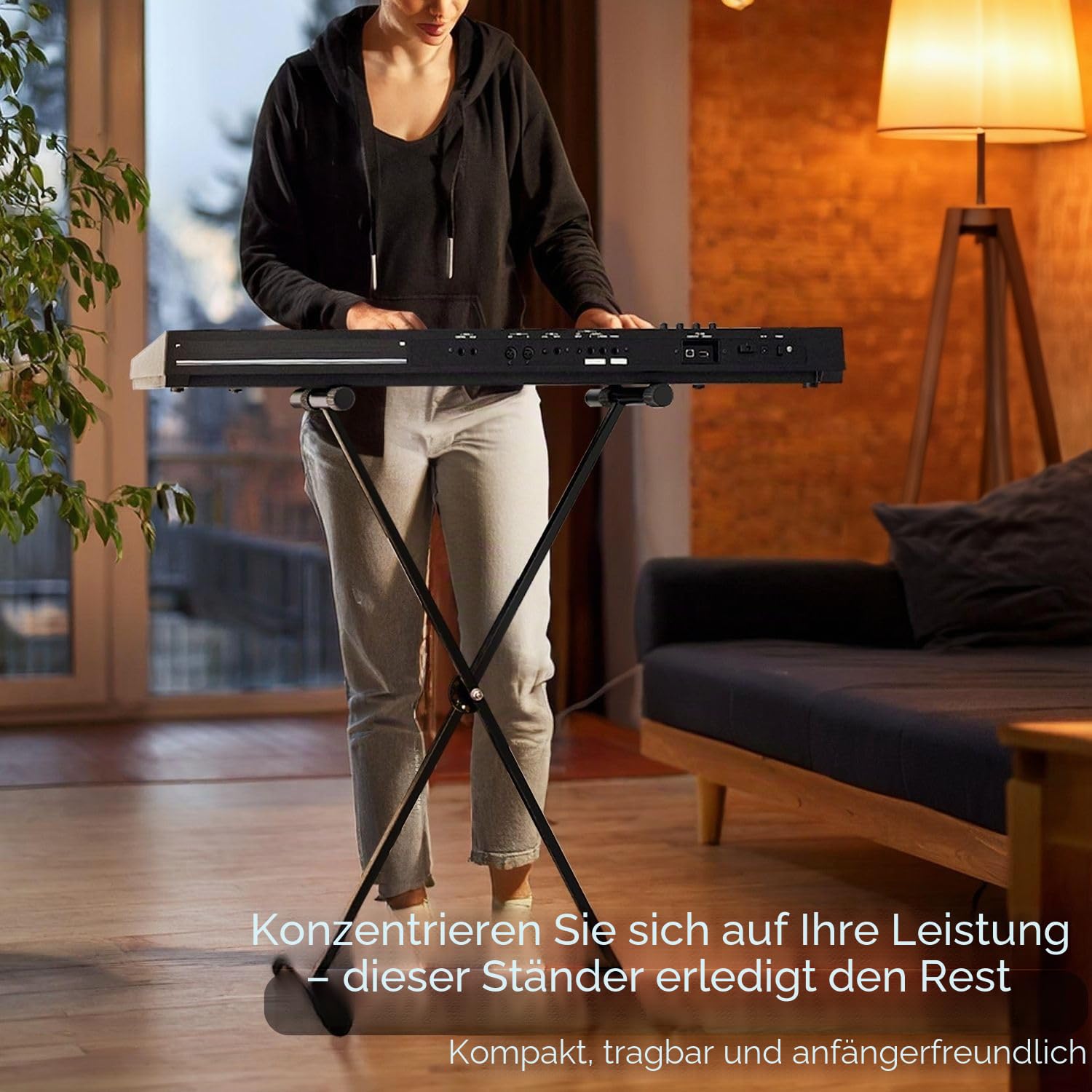 Flexzion Klassischer Keyboard-Ständer für Musiker, elektronisches Klavier, Orgel, Einzelrohr, X-Typ, 7 Positionen, zusammenklappbar, höhenverstellbar, Metallstreben, tragbar, mit Verriegelungsriemen