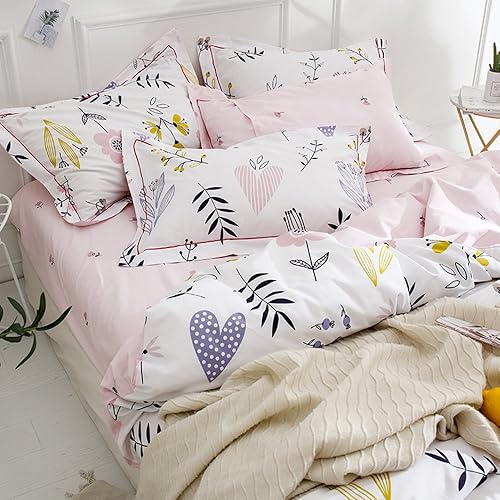 Miniatura 8 de HighBuy Juego de funda de edredón para niñas, diseño floral, tamaño individual, color blanco y rosa, algodón de alta calidad, 4 piezas (1 funda de