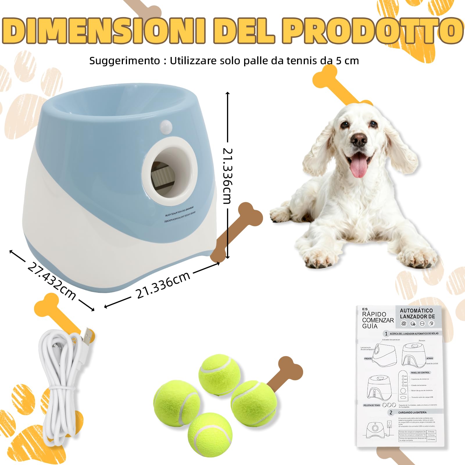 Gettatrice per cani con 6 palline da tennis, giocattolo elettrico interattivo per cani di piccola taglia, per interni ed esterni