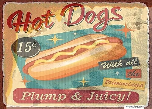 JIANKUN Cartel de metal con texto "Hot Dogs" S, Hot Dogs Bar Pub -12.0 x 8.0in, placa de pared retro vintage