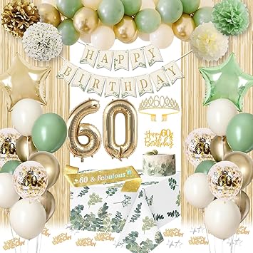 60th Birthday Decorations for Woman, Sage Green Gold Happy 60th Birthday Decorations Balloons Banner Bday Crown Sash Tablecloth Fringe Curtain Sixty Birthday Party 60 Year Old Bday Decor