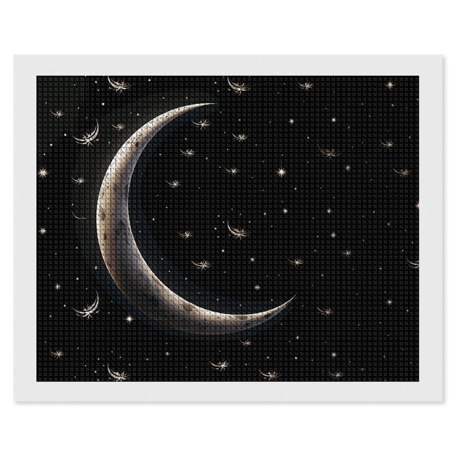 Crescent Moon on Black Background Diamond Art Kits for Adults, DIY 5D Diamonds Painting Kits for Beginner, Round Full Drill Diamond Dots Painting, 16"x20" Diamonds Pictures Gem Art And Crafts Wall Dec