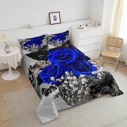 Miniatura 3 de Erosebridal Juego de ropa de cama de 3 piezas con diseño de rosas azules, juego de edredón romántico para el día de San Valentín, edredón floral de