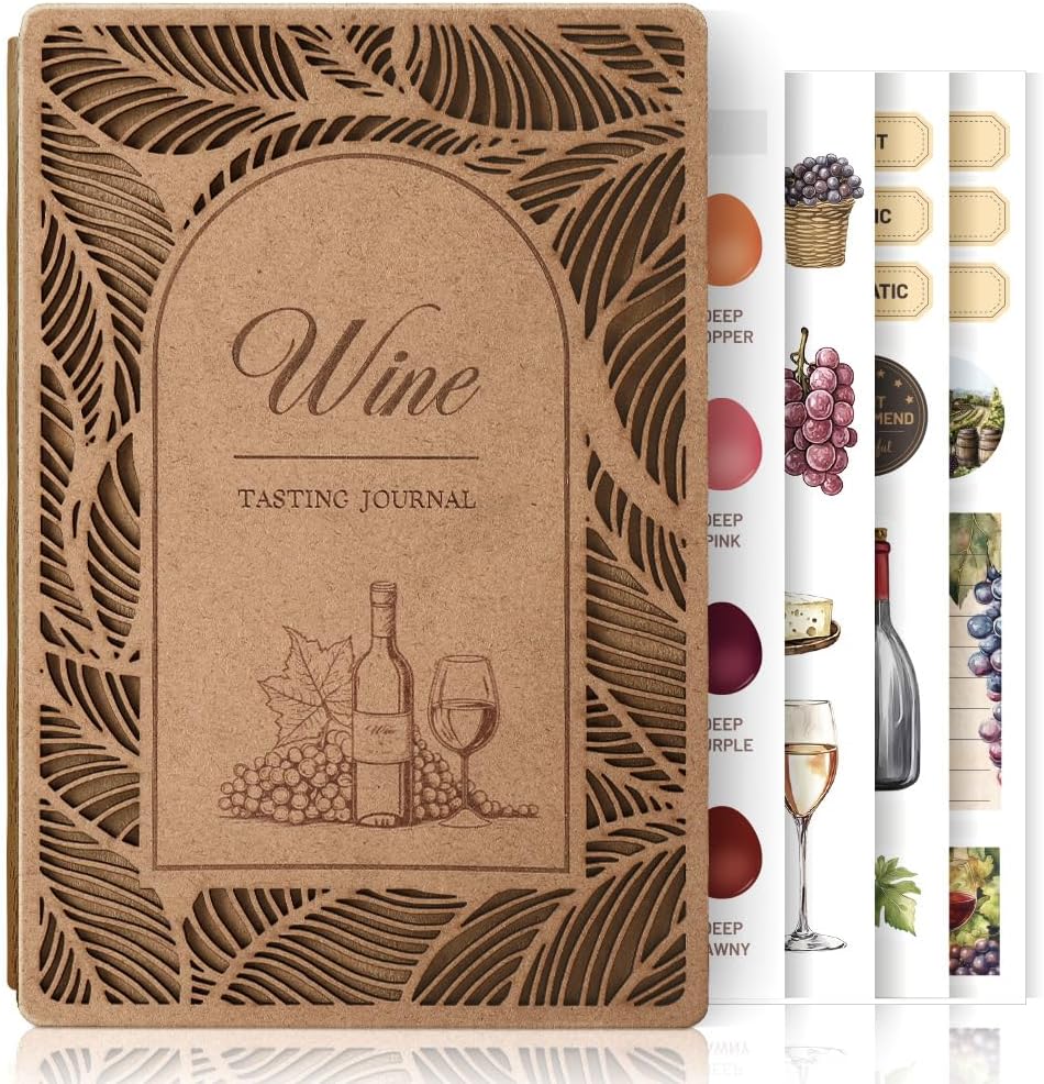 Wine Tasting Journal – Guided Wine Notebook & Diary A5 Size, Includes 4 Step Tasting Method, 24 Color Card, Aroma Wheel, Food Stickers – Engraved Wonderful Diary & Log