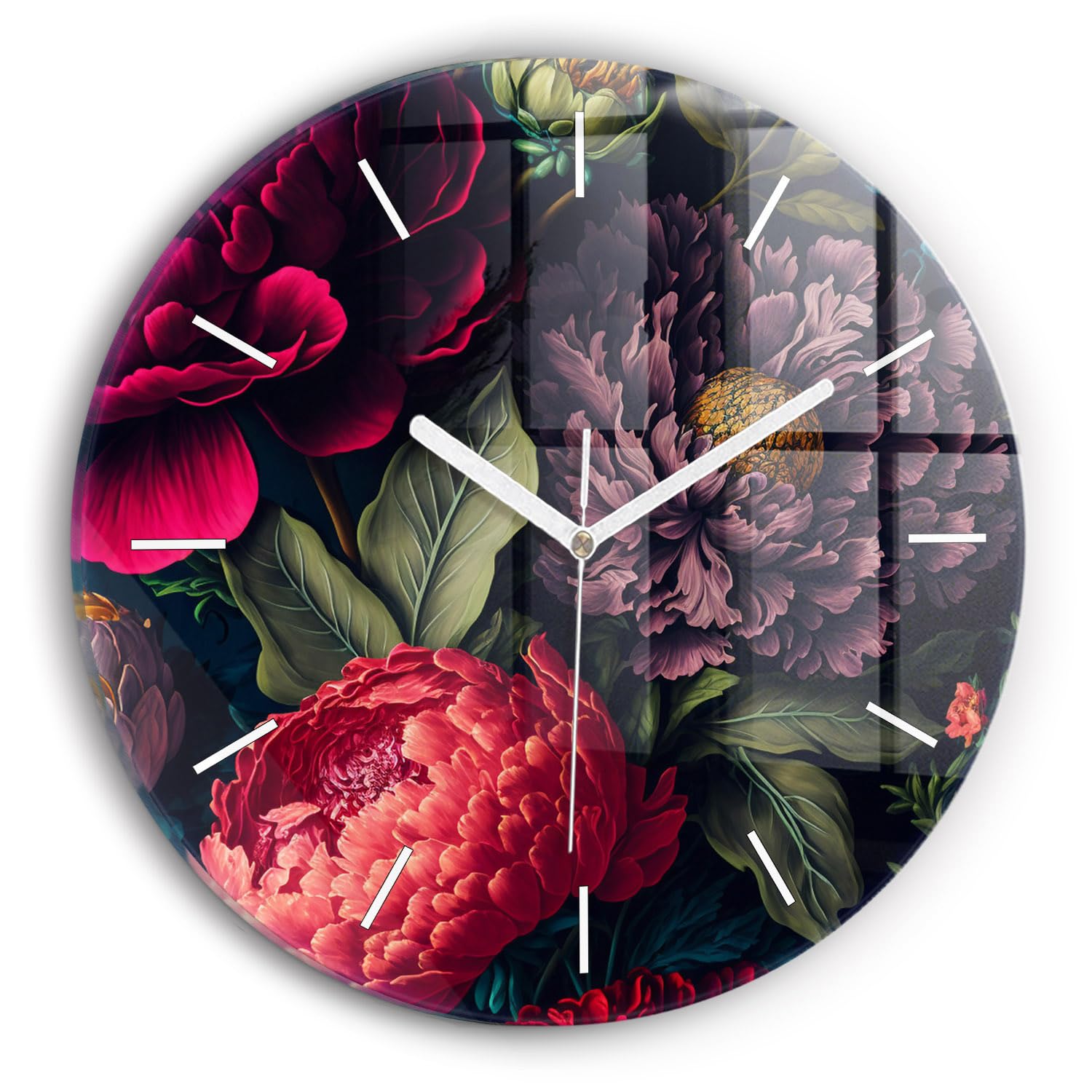 Horloge en verre fleurs vintage Wallfluent 30 cm idéal pour salon et chambre calme
