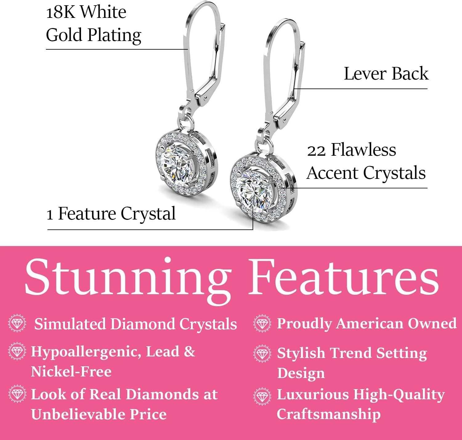 Cate & Chloe Juliana 18k Gold-Plated Halo Dangle Earrings with Solitaire Round Cut Simulated Diamond Crystals, Elegant Jewelry for Women, Gift for Her on Christmas, Anniversary, Birthday and More