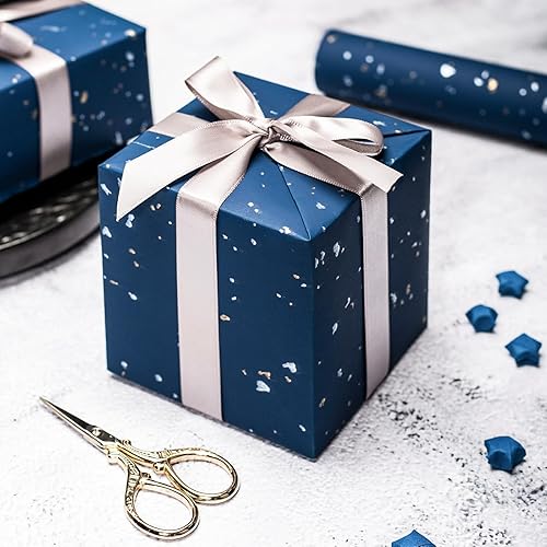 Miniatura 5 de HOMERAL Mini rollo de papel de regalo, 17 pulgadas x 16.5 pies, azul marino con diseños de lámina plateada y dorada para cumpleaños, vacaciones,