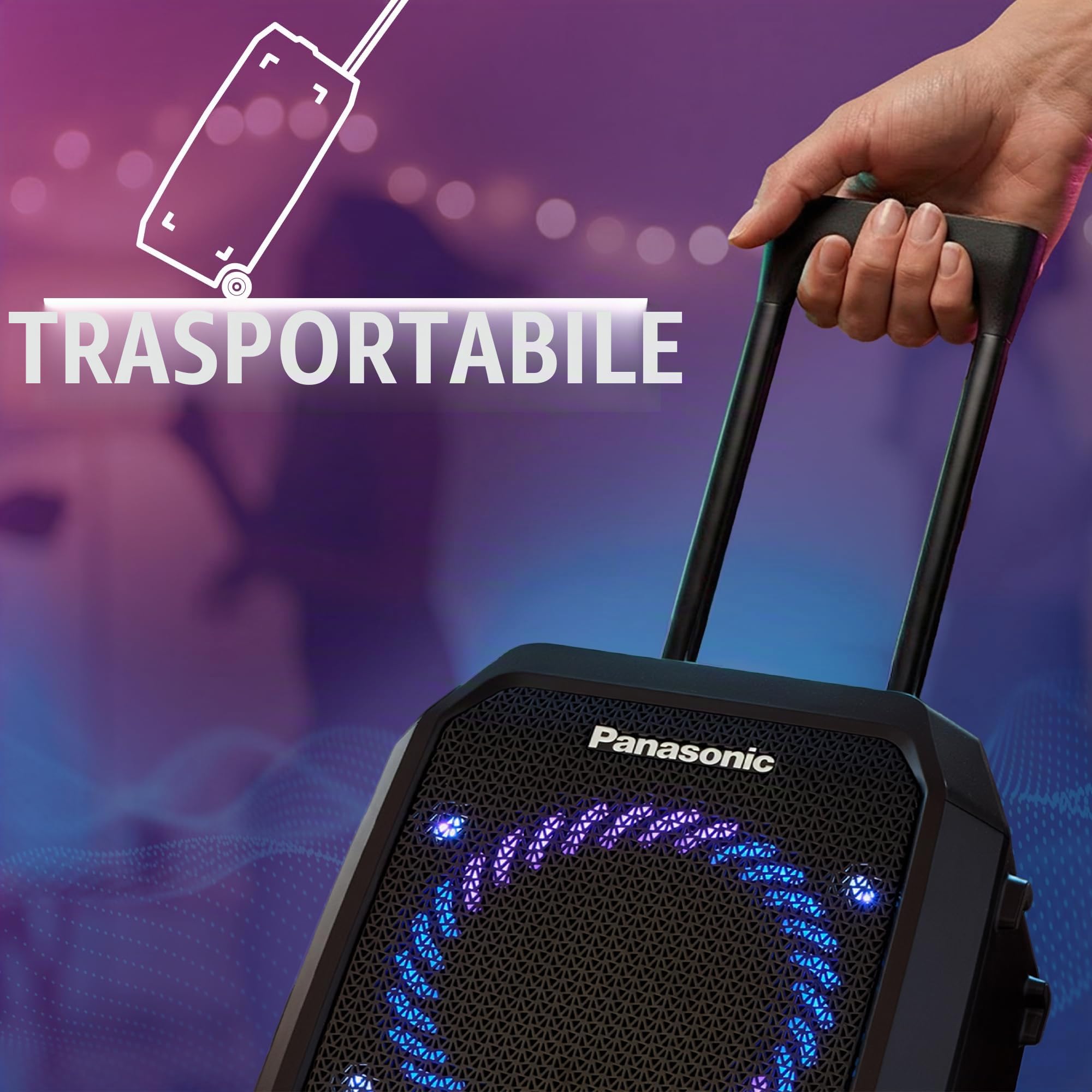 Panasonic SC-BMAX30 Altoparlante Portatile per Feste Bluetooth, Luci Integrate, Porta Bass Reflex, 320W, 14h Autonomia, USB, IPX4, Ingressi Chitarra e Microfono per Karaoke, Nero