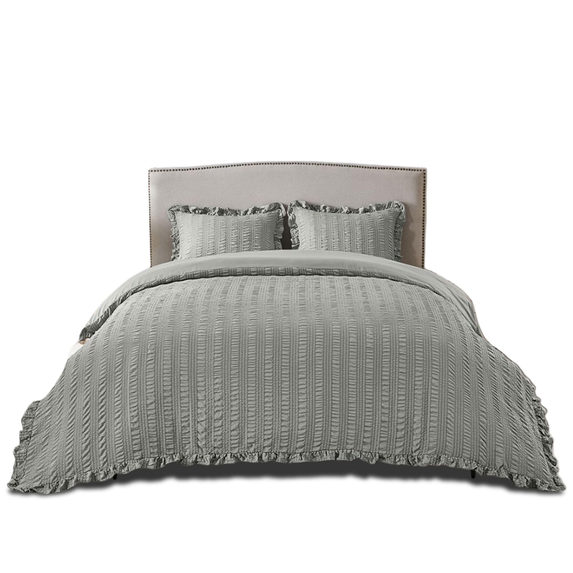 VELVETIO Premium Seersucker Duvet Cover Set & Pillowcases, Supersoft Ruffle Edge Bedding Quilt King Size, Breathable Microfiber Comforter Bedset, Grey
