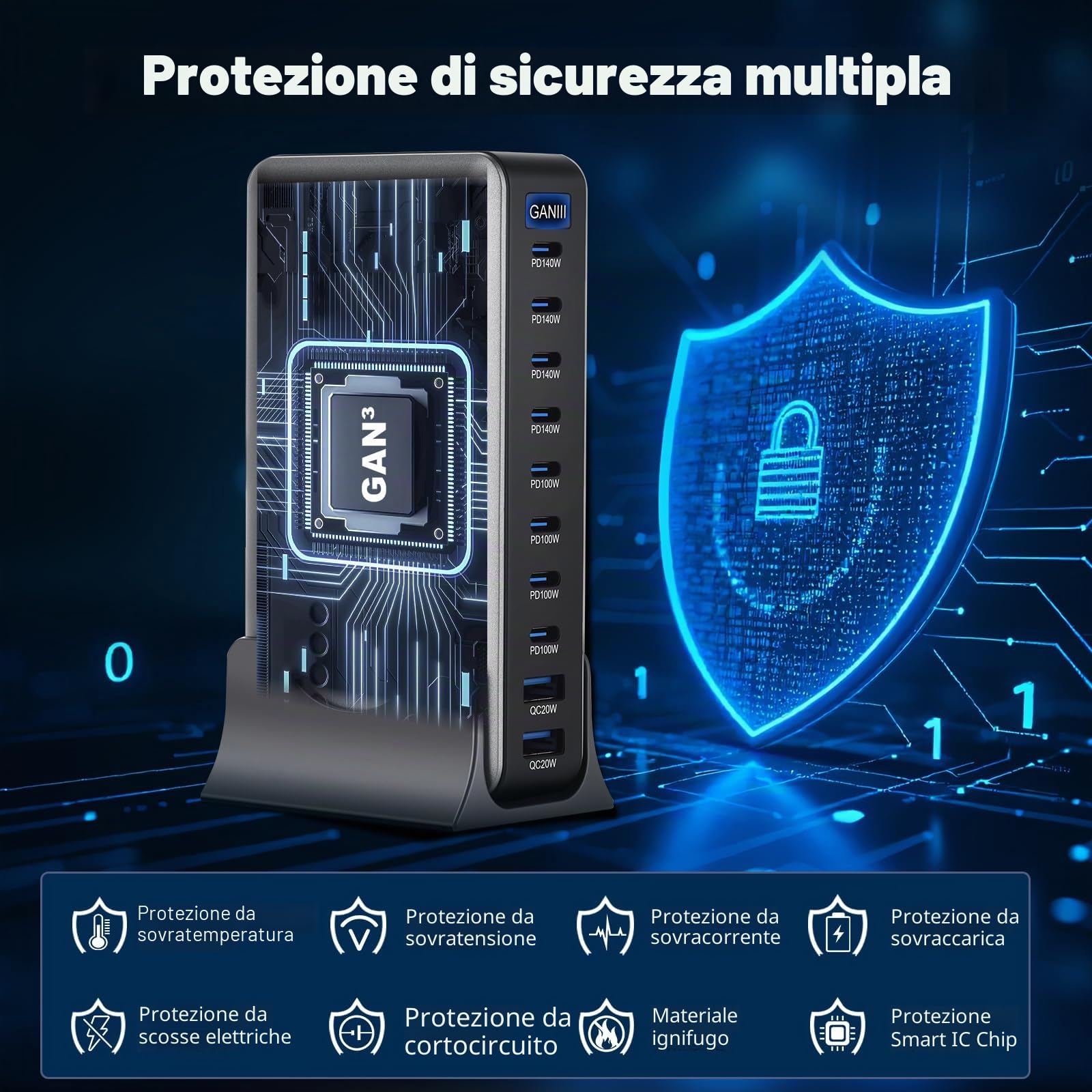 1000W Caricatore USB Multiplo - 10 Porte (8 USB-C + 2 USB-A) con Ricarica Rapida, Stazione di Ricarica Compatta per Multi Dispositivi, Compatibile con MacBook, iPad, iPhone 16/15/14, Galaxy S22/S20