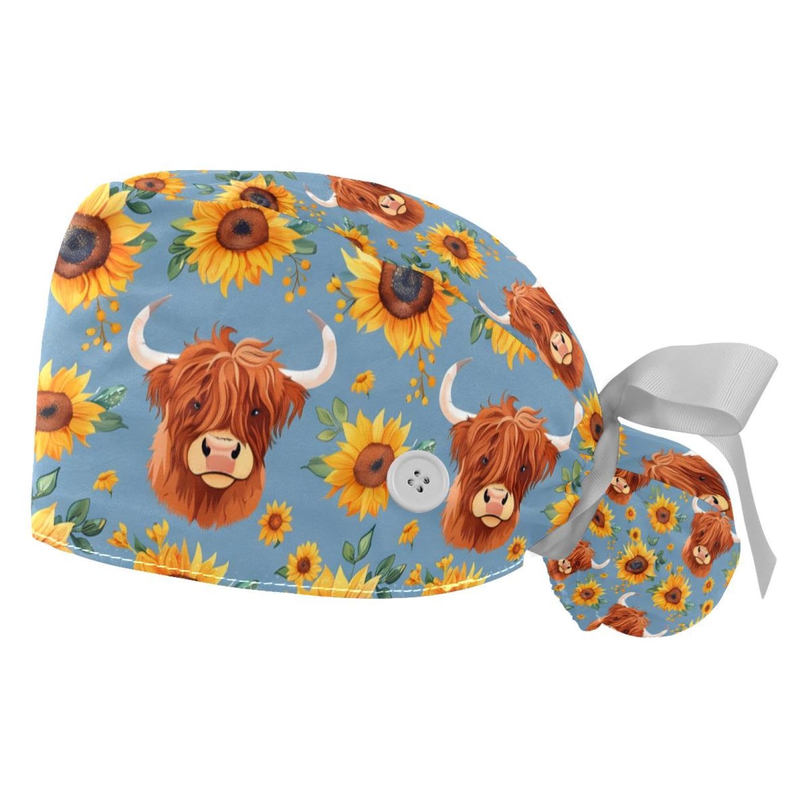 2 PCS Bouffant Cap with Button Ponytail Pouch Working Cap Sweatband Adjustable Surgical Cap Black and White Cow