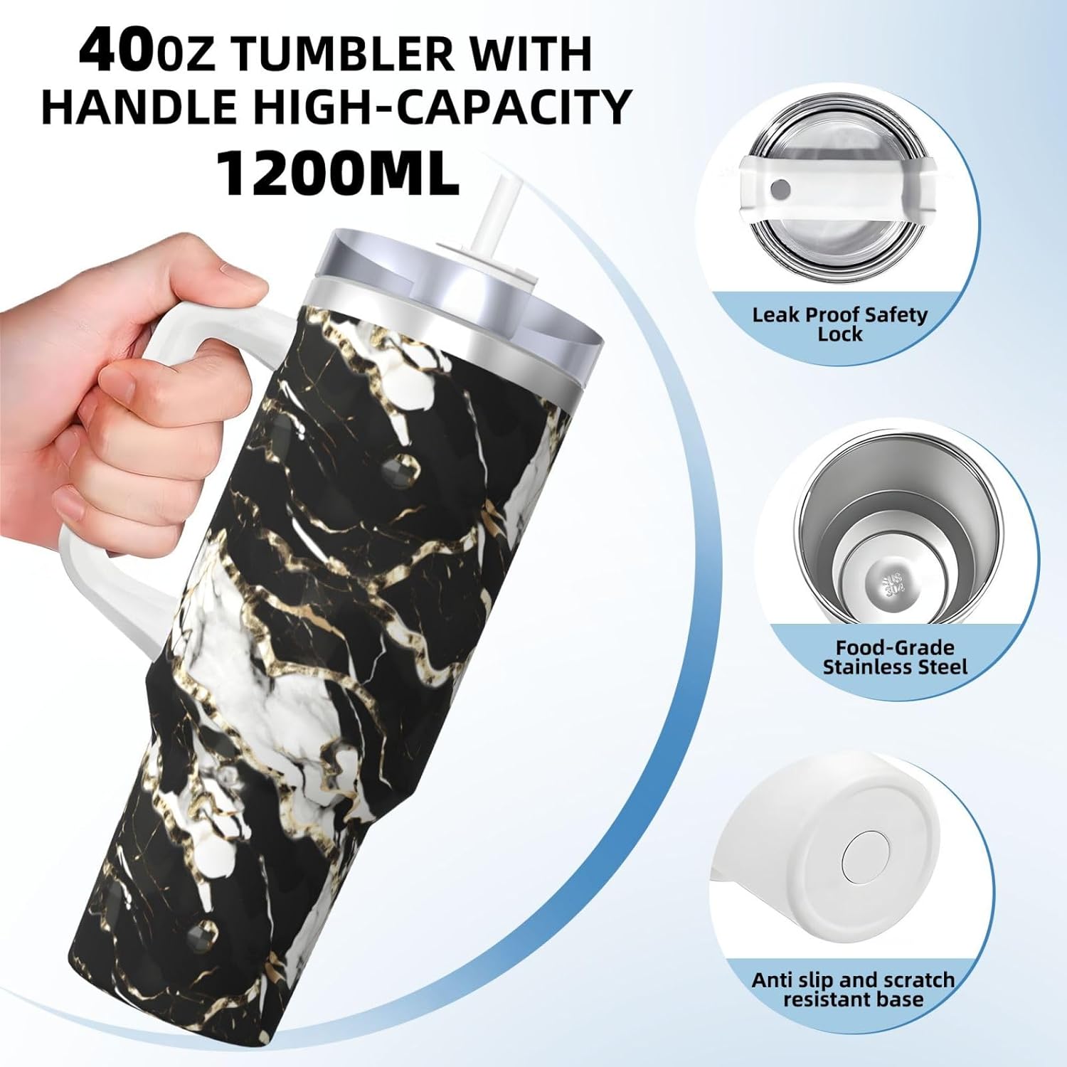 40 OZ Black and White Marble Texture Print Ice Bully Cup with Handle Straw Lid Straw,Stainless Steel Tumbler Coffee Cup