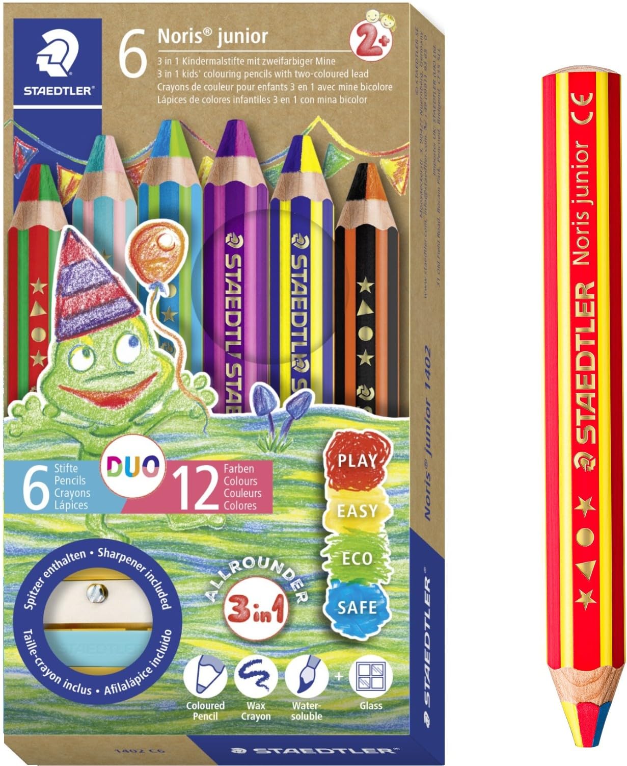 STAEDTLER Noris Junior Duo 1402 Children's Colouring Pencil, Wax and Watercolour Pencil, Two-Tone Lead, 6 Duo Pens and Rainbow Pencil