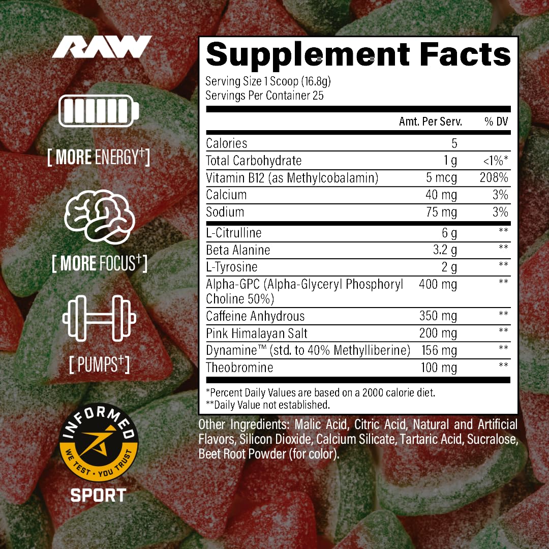RAW Pre-Workout Powder, Essential CHARGED (Sour Watermelon) - Preworkout Supplement for Men & Women - Supports Focus, Mood & Performance - Caffeine, Alpha-GPC, L-Citrulline, Beta Alanine (25 Servings) — Amazon image 9