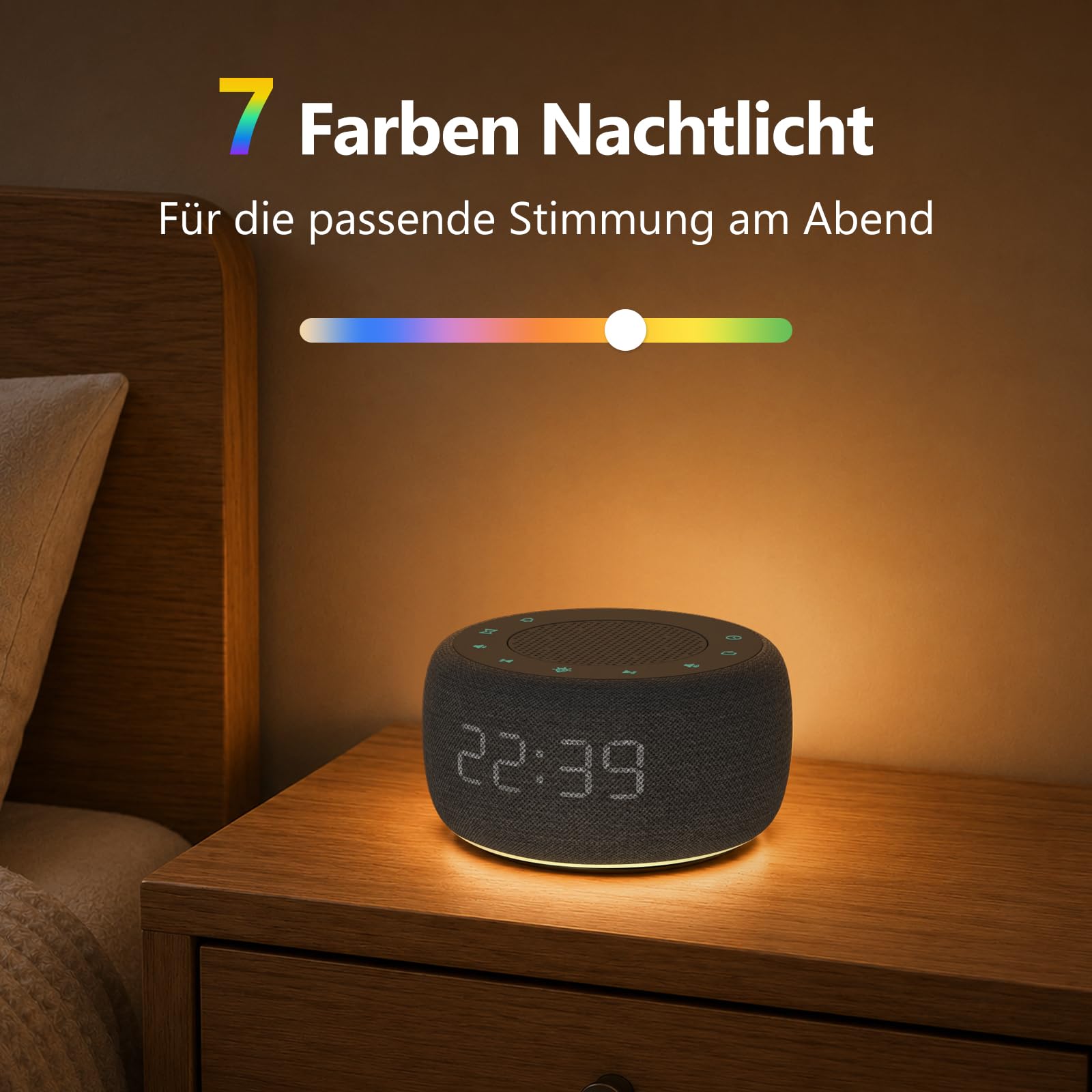 Buffbee Digitaler Radiowecker für das Schlafzimmer - 7-farbiges Nachtlicht, High-Fidelity-Klangqualität mit nach oben gerichtetem Lautsprecher, 4 Wecktöne, Full Range Display Dimmer für den Nachttisch