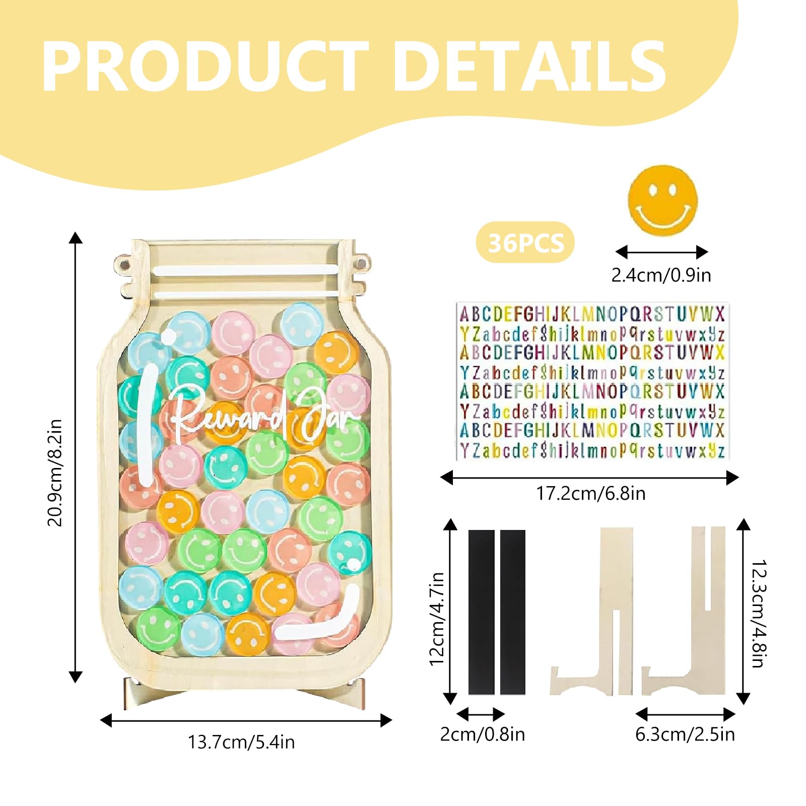 Smiley Reward Jar, Acrylic & Wooden Incentive Pot, Magnetic Reward Jar with 36 Smiley Tokens, Good Behavior Tool - Image 2