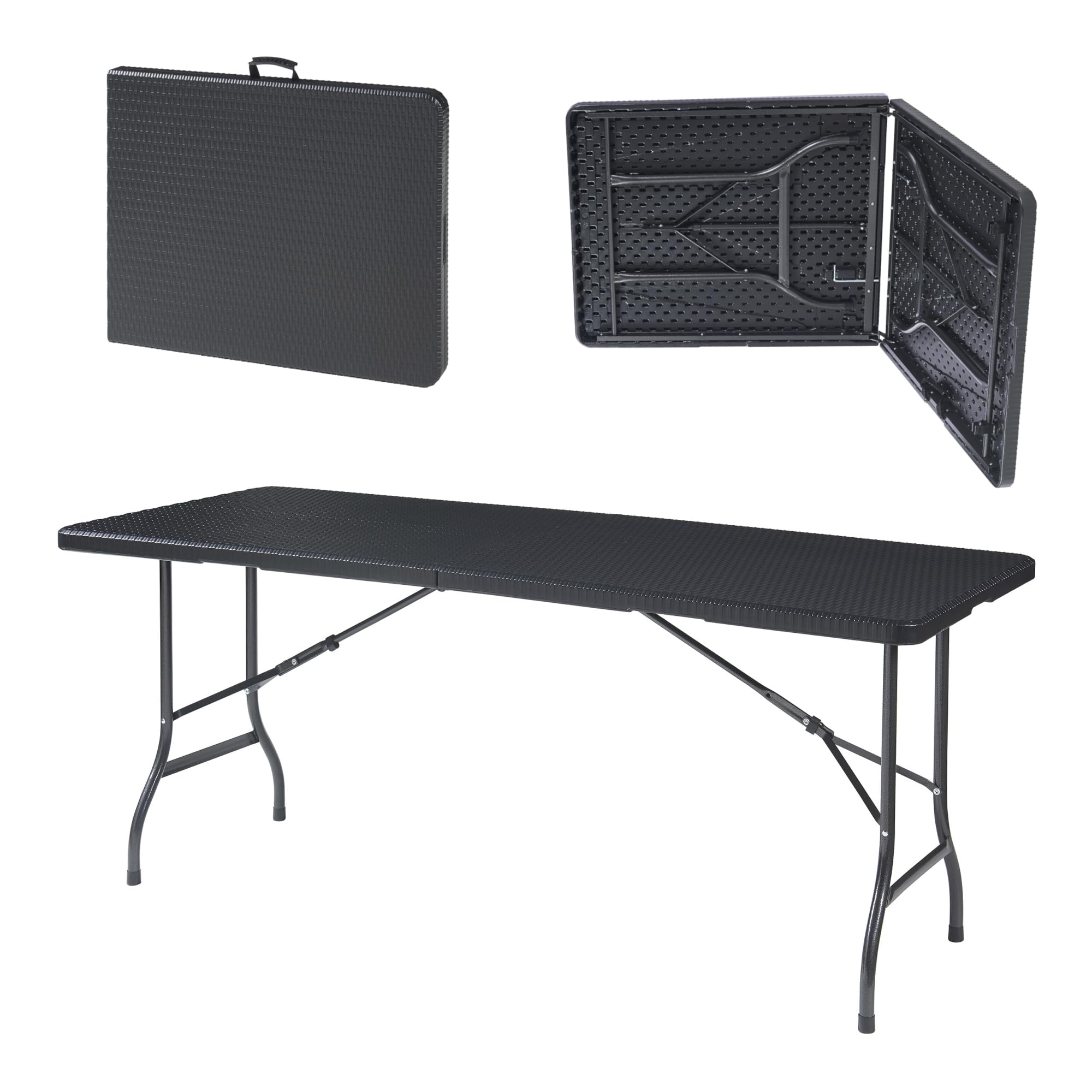 [en.casa] pro.tec składany stół piknikowy Camping przenośny stół do użytku na zewnątrz metalowa rama i blat plastikowy stół 180 x 75 x 72 cm czarny efekt rattanu