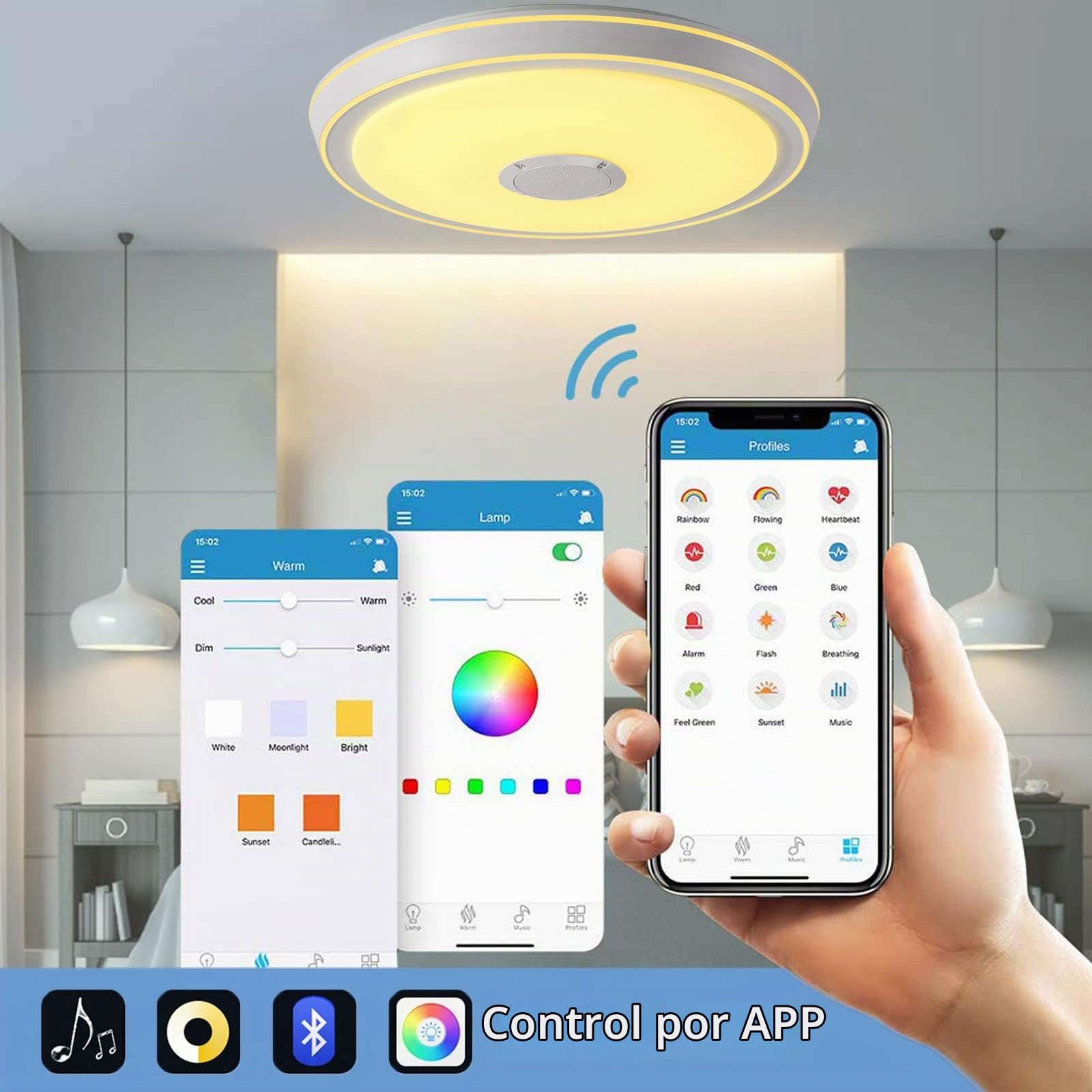 VOMI Lámpara de Techo RGB con Altavoz Bluetooth 50cm Música Lampara de Techo con Mando a Distancia y App Control Regulable Cambio de Color Plafon LED Techo para Salon Dormitorio Habitacion Infantil