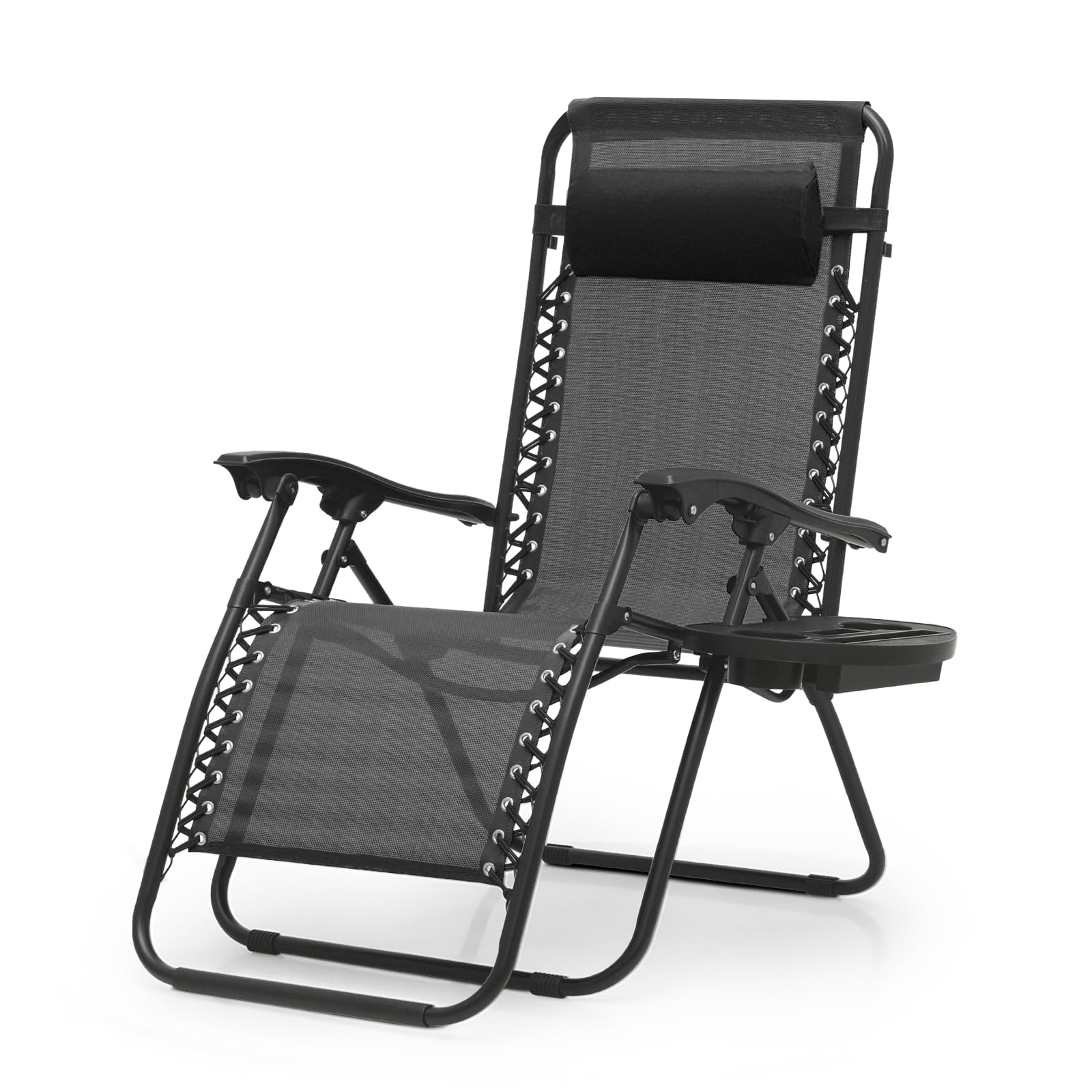 Magshion Zero Gravity Lounge Chair, Adjustable Folding Recliner with Cup Holder Side Tray & Removable Headrest Pillow, Portable Outdoor Patio Lounger for Camping, Beach, Lawn, Backyard, Black