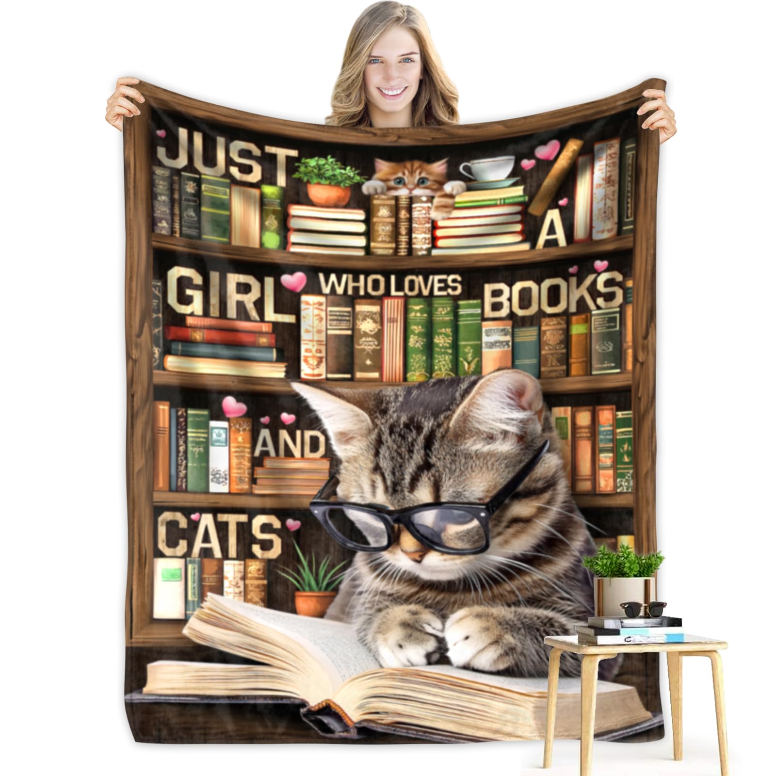 Cozy Cat & Books Blanket For Women - Soft Throw Blanket For Sofa, Couch, Bed - 50x60 Inches - Perfect Gift For Book And Cat Lovers