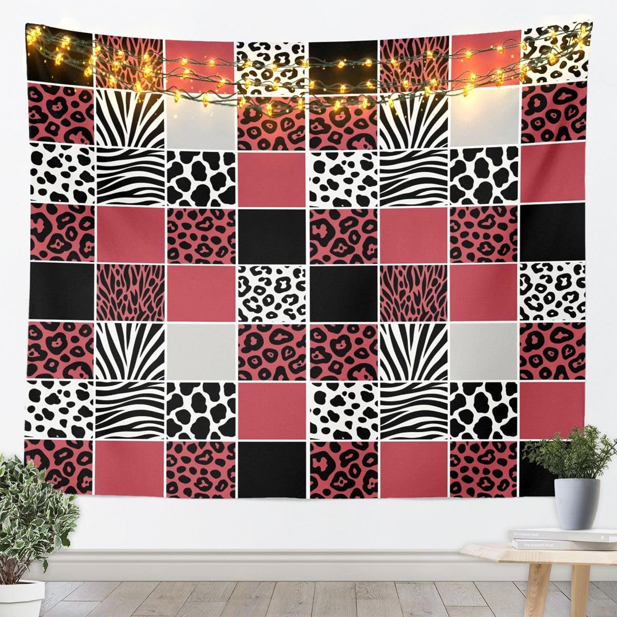 Feelyou Leopard Print Tapestry Checkerboard Wall Art Zebra Stripe Wall Hanging Blanket for Living Room Bedroom Red Home Decor Small 51"x59"