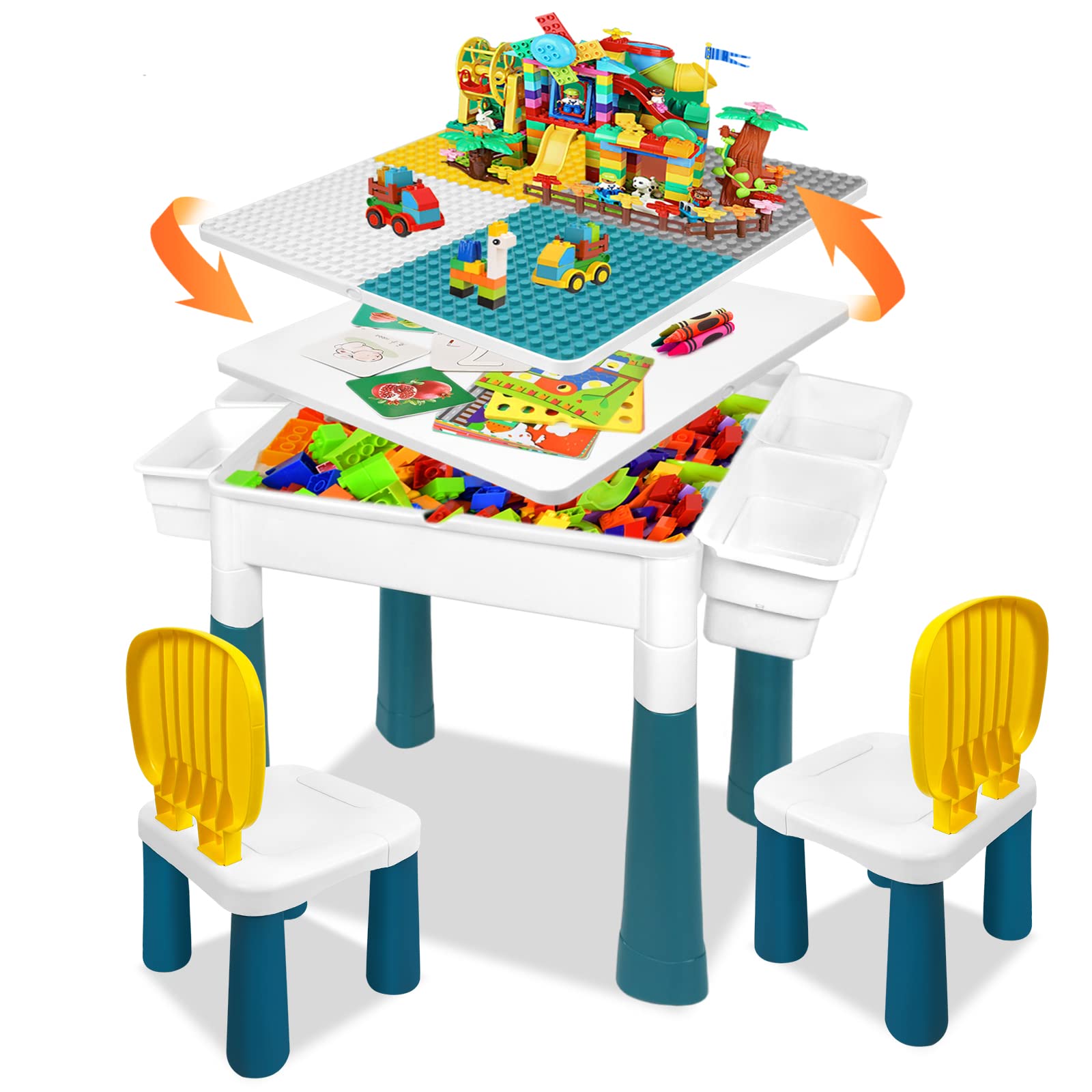 Table 6 en 1 pour enfant avec 2 chaises et 163 blocs de construction - Table d'activité multifonction avec plateau double face - Espace de rangement idéal pour le jeu, l'apprentissage et la