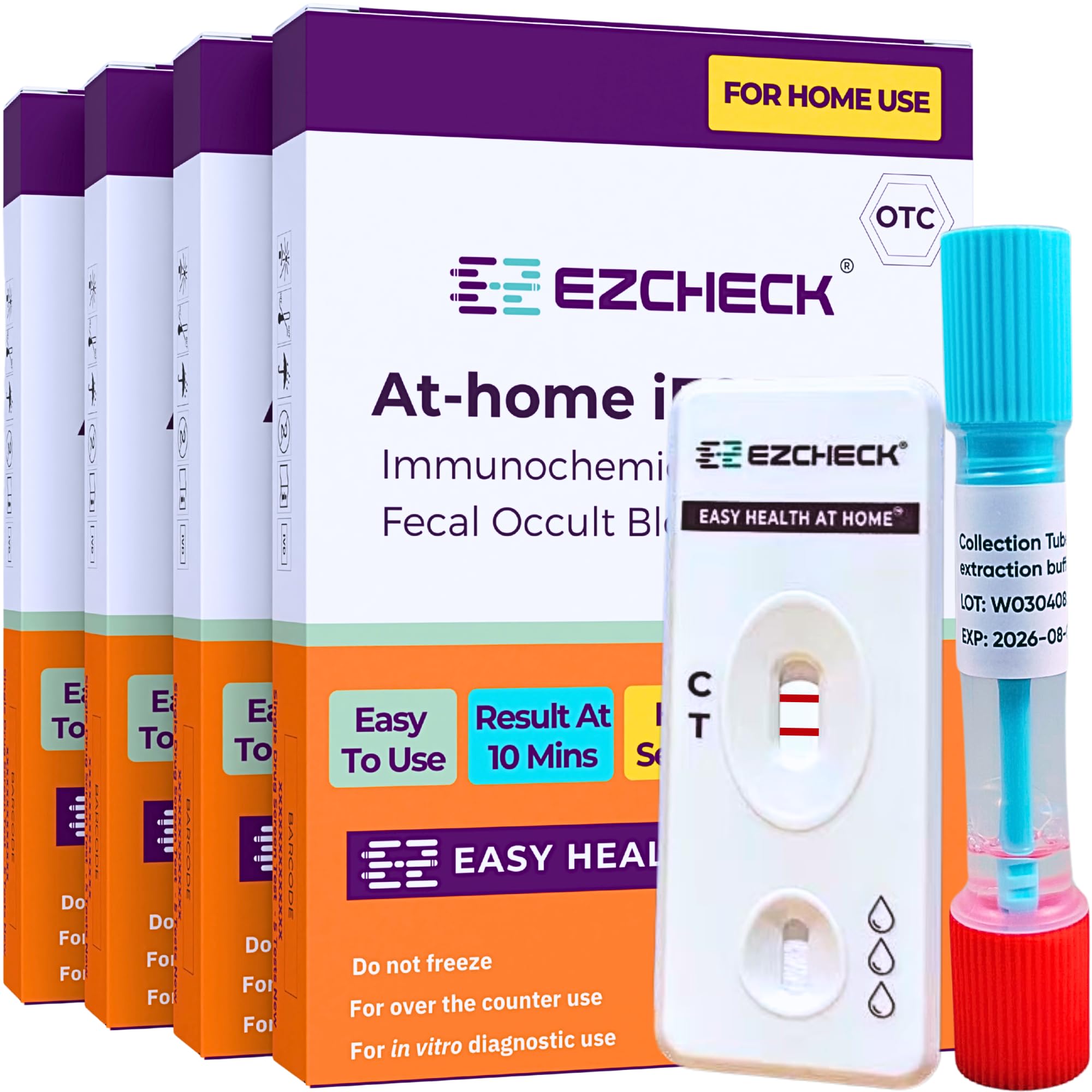 EZCHECK® at-Home iFOB Test (4 Tests) Immunochemical Fecal Occult Blood Test (FIT) for Colon Health Screening, Colon Cancer Screening, Colorectal Cancer Screening, Colon Disease Test