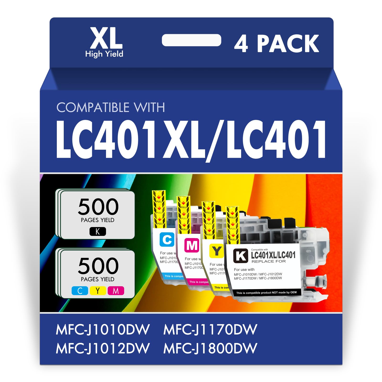 LC401XL LC401 MFC-J1010DW Ink Cartridges for Brother Printer 401XL LC 401 for MFC-J1010DW MFC-J1170DW MFC-J1012DW MFC-J1800DW MFC J1010DW - 4 Pack High Yields Black Cyan Magenta Yellow