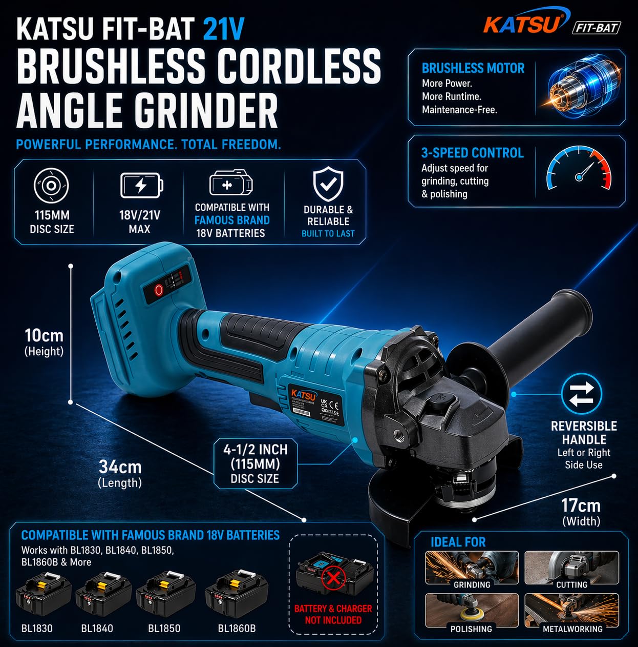 Smerigliatrice Angolare a Batteria Brushless 21V KATSU FIT-BAT, 115mm con Motore Brushless per Taglio Lucidatura Smerigliatura, 3 Velocità, Batterie non Incluse (solo Macchina) 102606