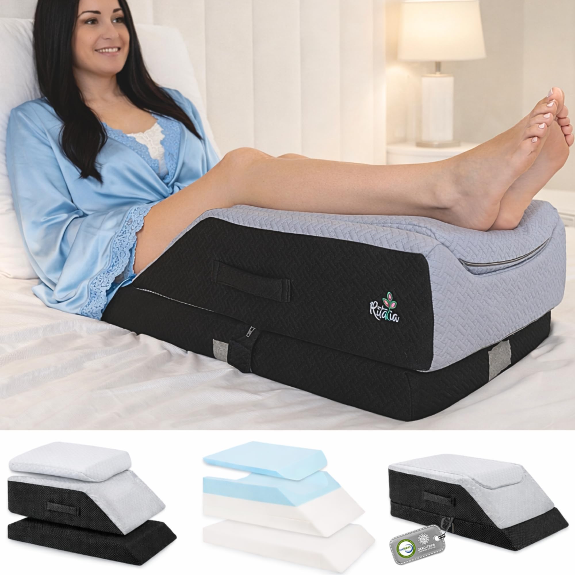 Ritalia LEG PILLOW Pillow to Elevate Legs in Bed or on Sofa | 3 Adjustable Heights | Orthopedic Leg Support Cushion with Memory Foam | Breathable Washable Cover