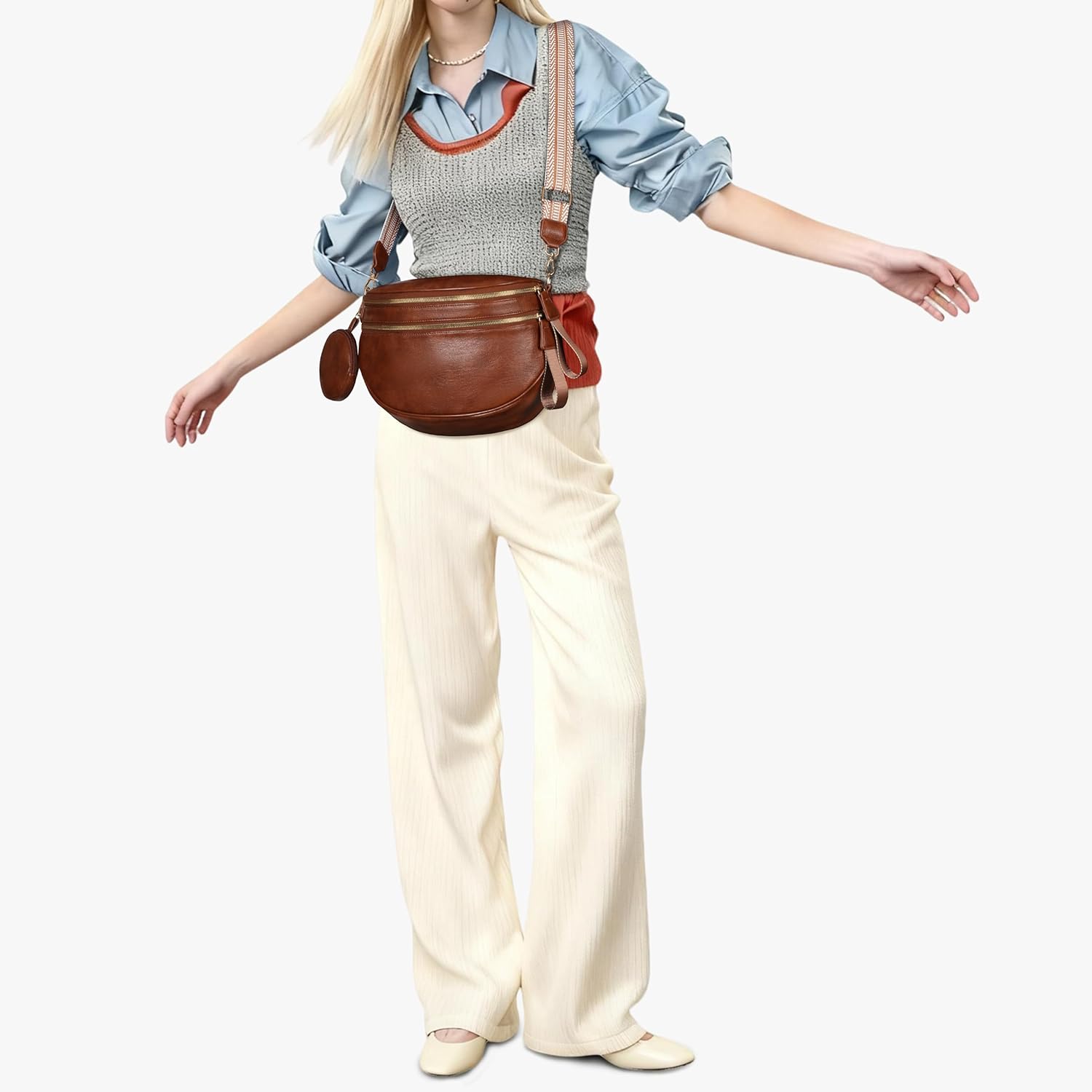 Brown PU Leather Bum Bags for Women Crossbody Sling Bag Large Fanny Pack Trendy Leather Belt Bag - Image 3